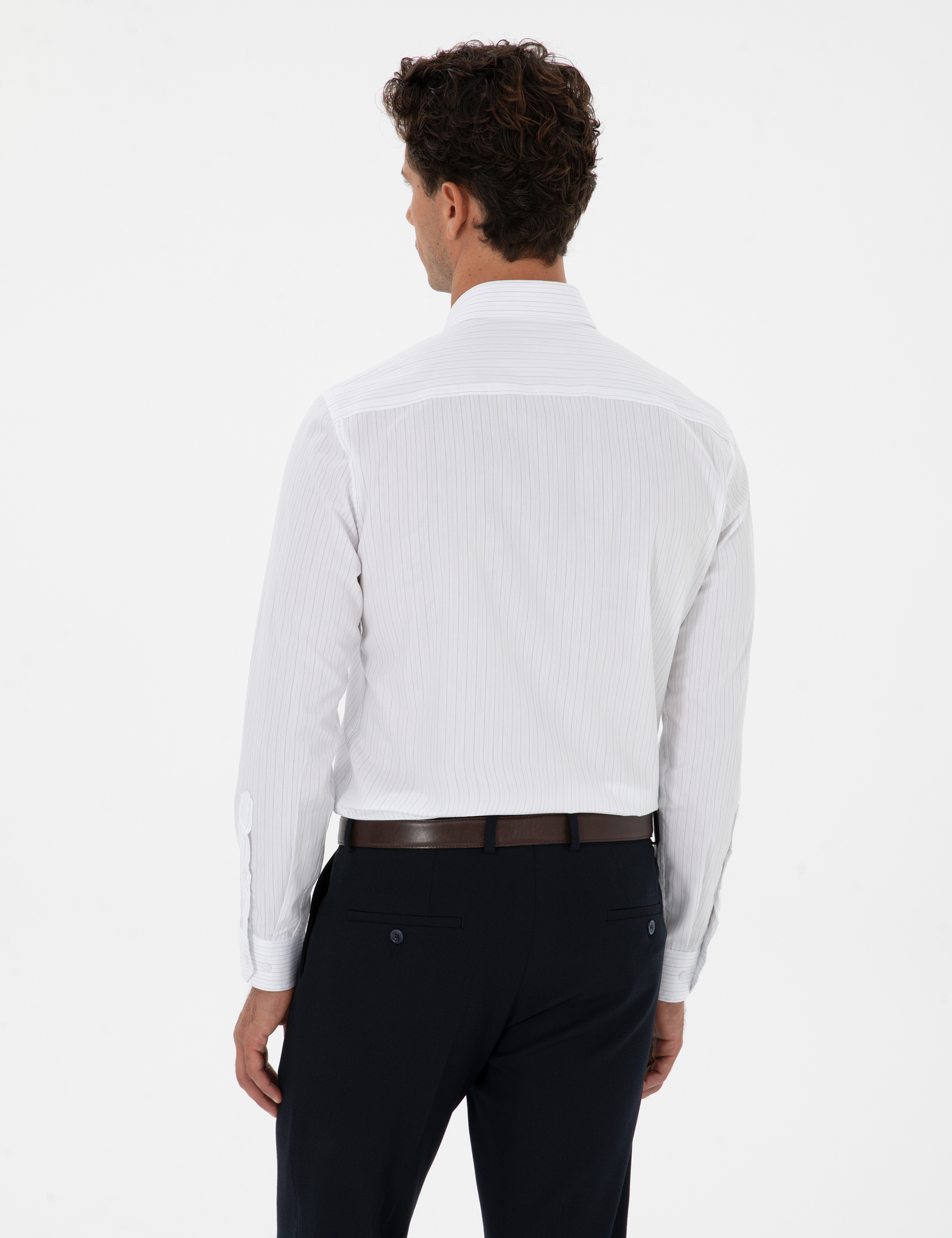 Mavi Çizgili Slim Fit Klasik Gömlek - Image 5