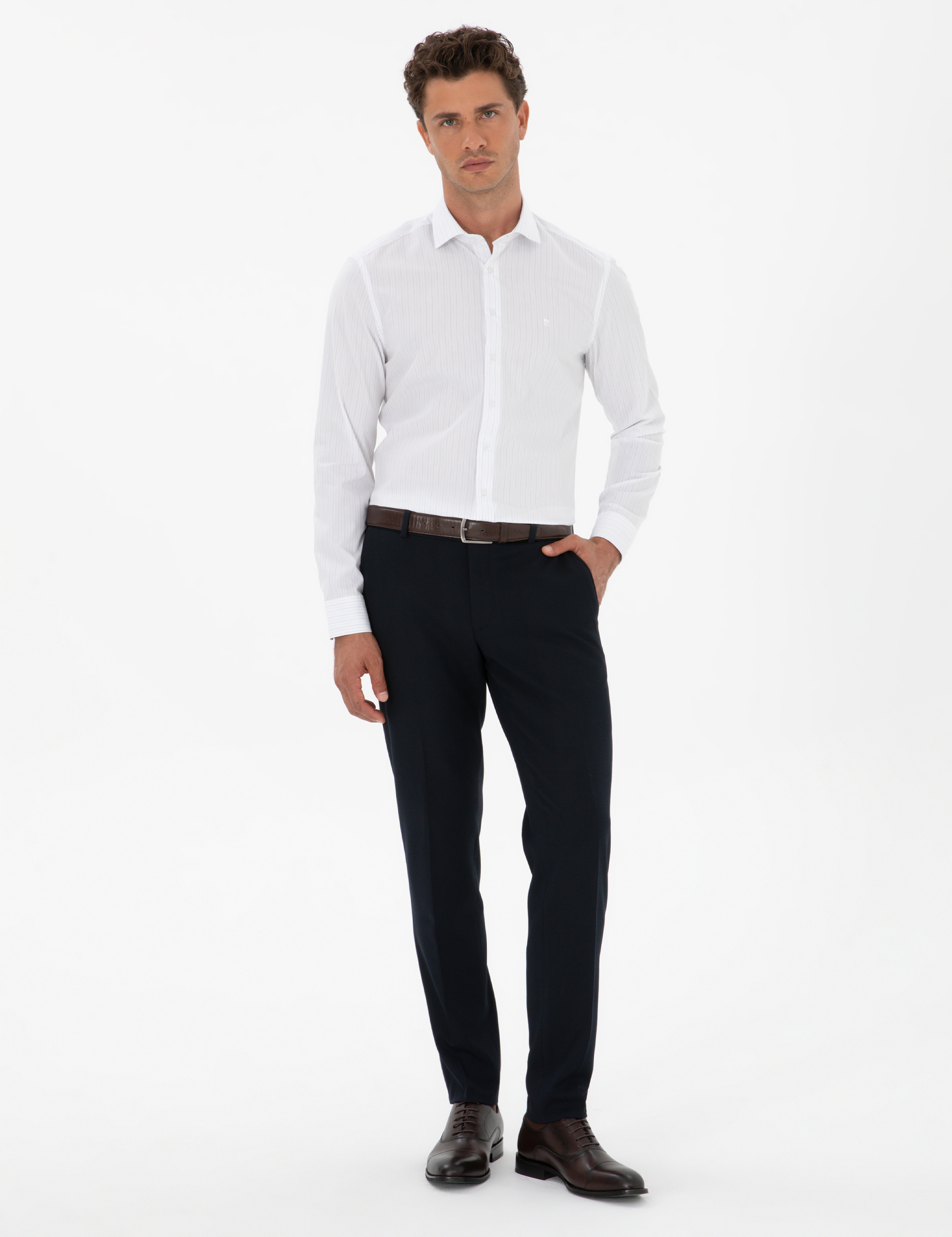 Mavi Çizgili Slim Fit Klasik Gömlek - Image 4