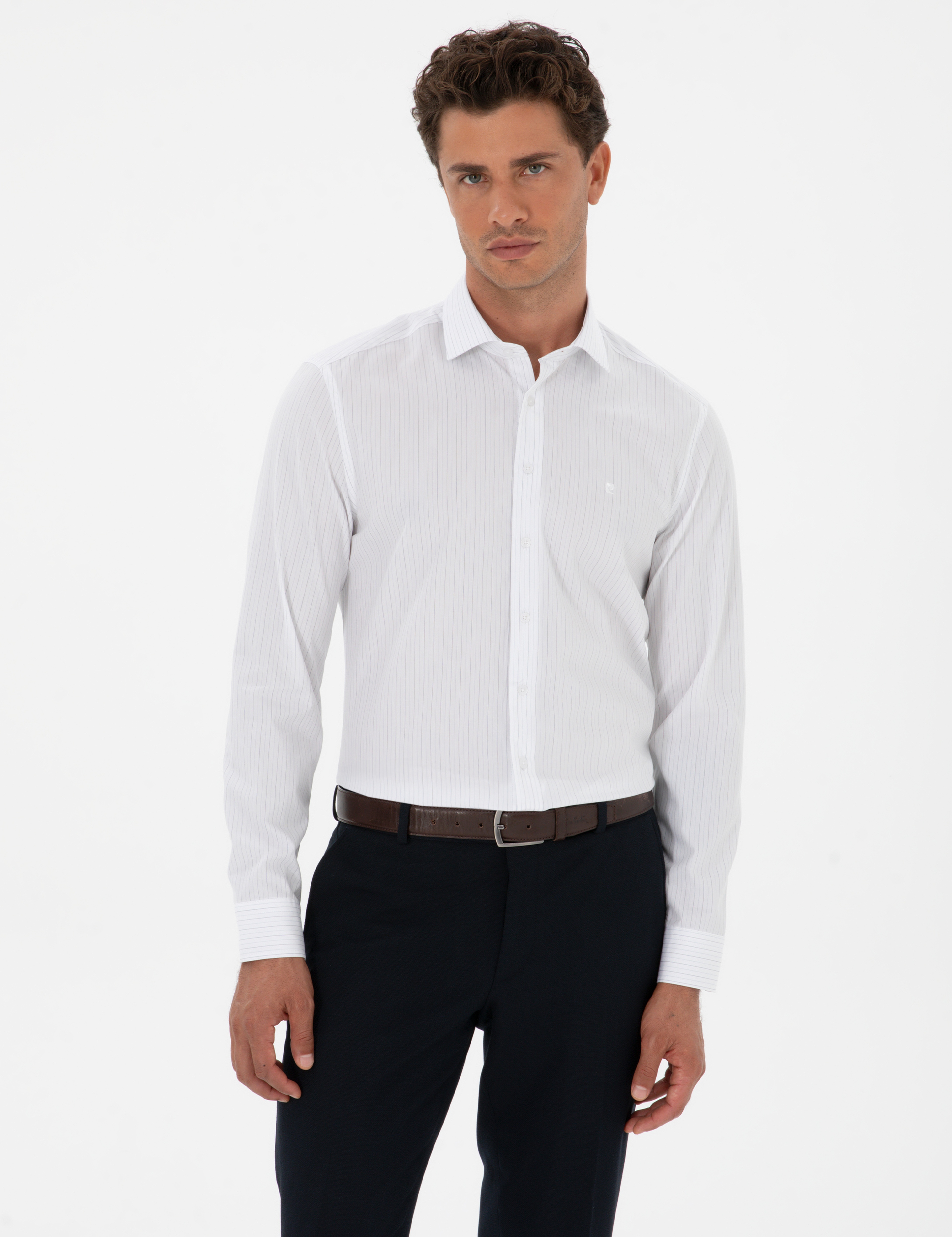 Mavi Çizgili Slim Fit Klasik Gömlek - Image 1