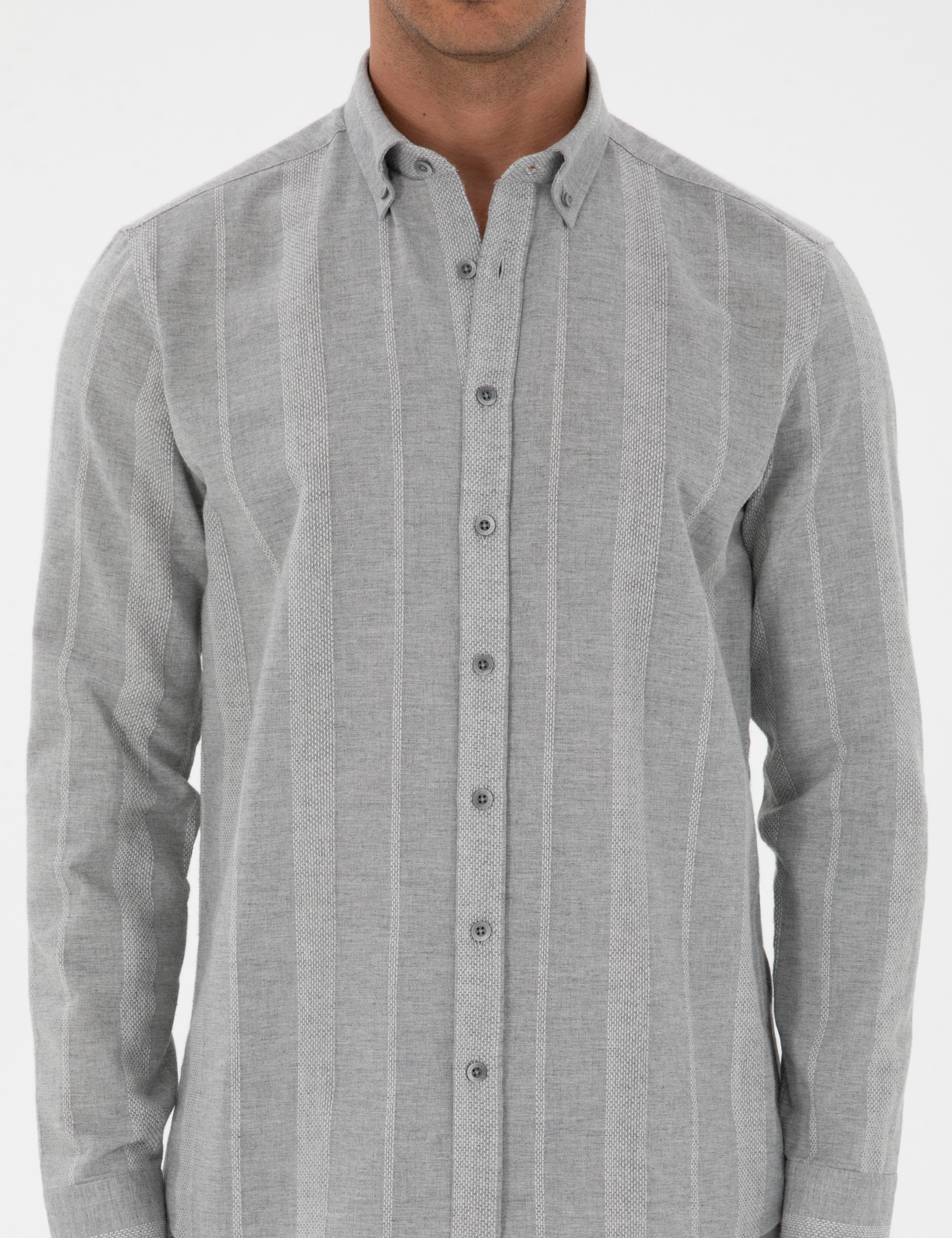 Gri Çizgili Regular Fit Desenli Gömlek - Image 6