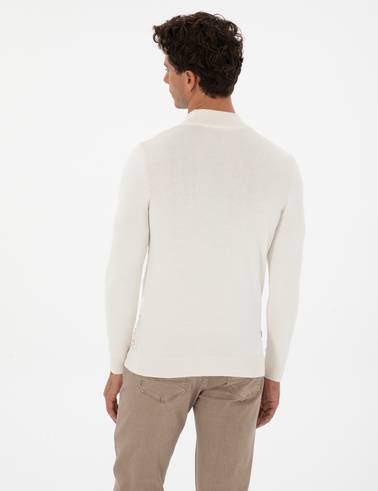 Ekru Slim Fit Çeyrek Yaka Triko Kazak