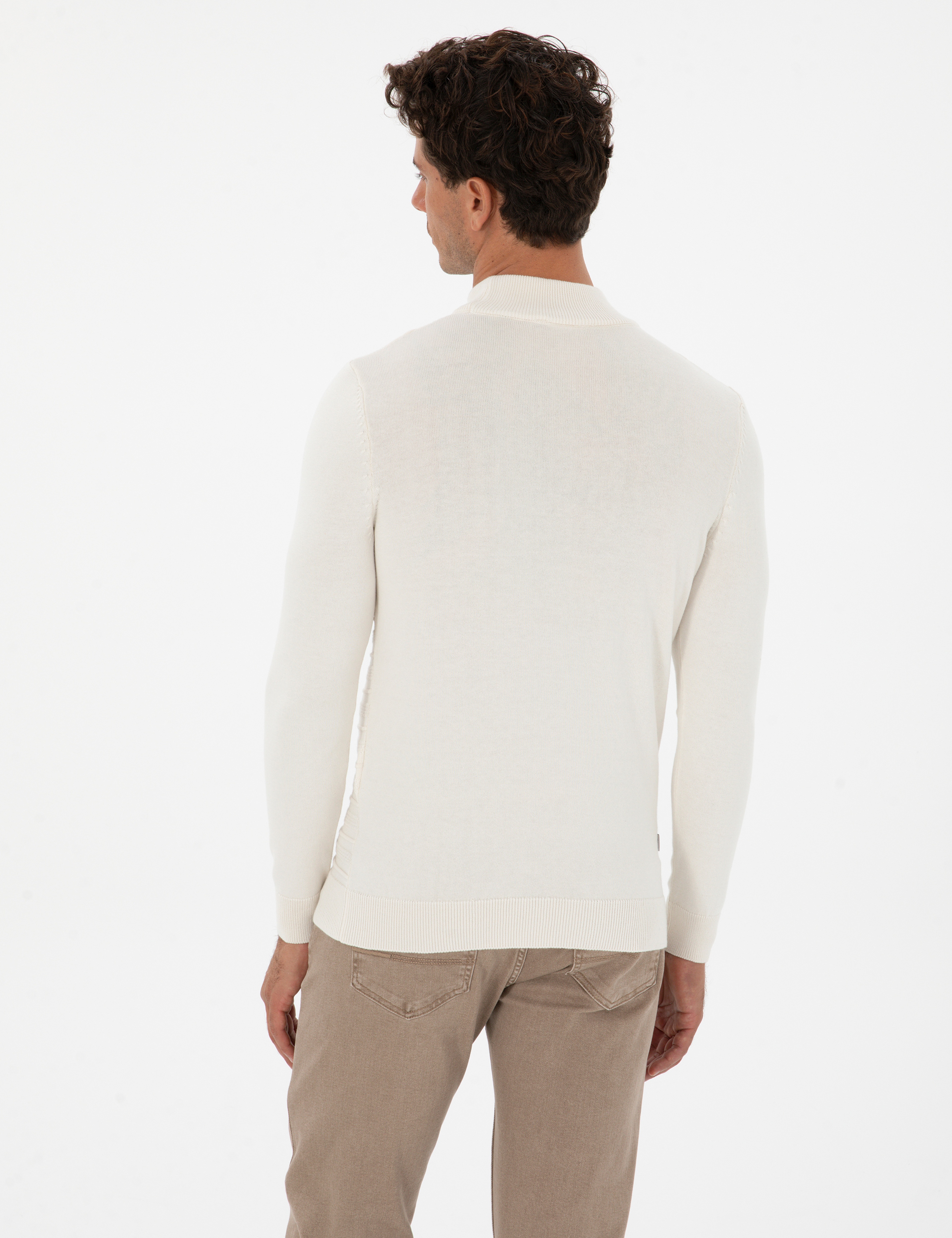 Ekru Slim Fit Çeyrek Yaka Triko Kazak - Image 5