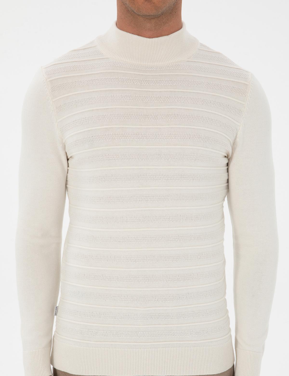 Ekru Slim Fit Çeyrek Yaka Triko Kazak - 50315751001