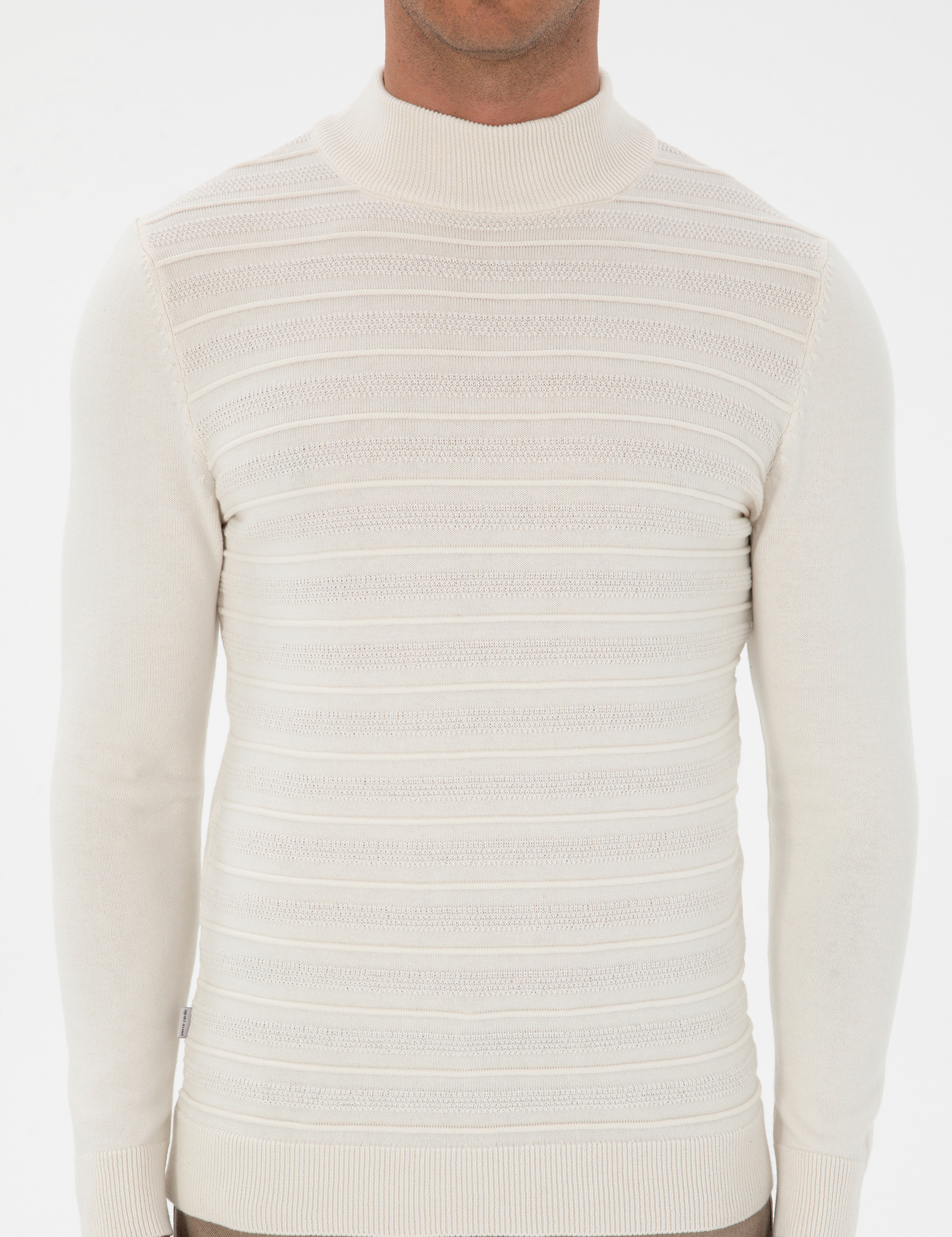 Ekru Slim Fit Çeyrek Yaka Triko Kazak - Image 6