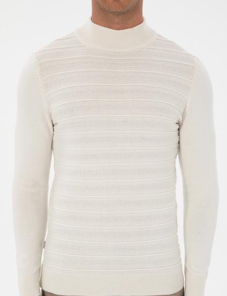 Ekru Slim Fit Çeyrek Yaka Triko Kazak - 50315751001