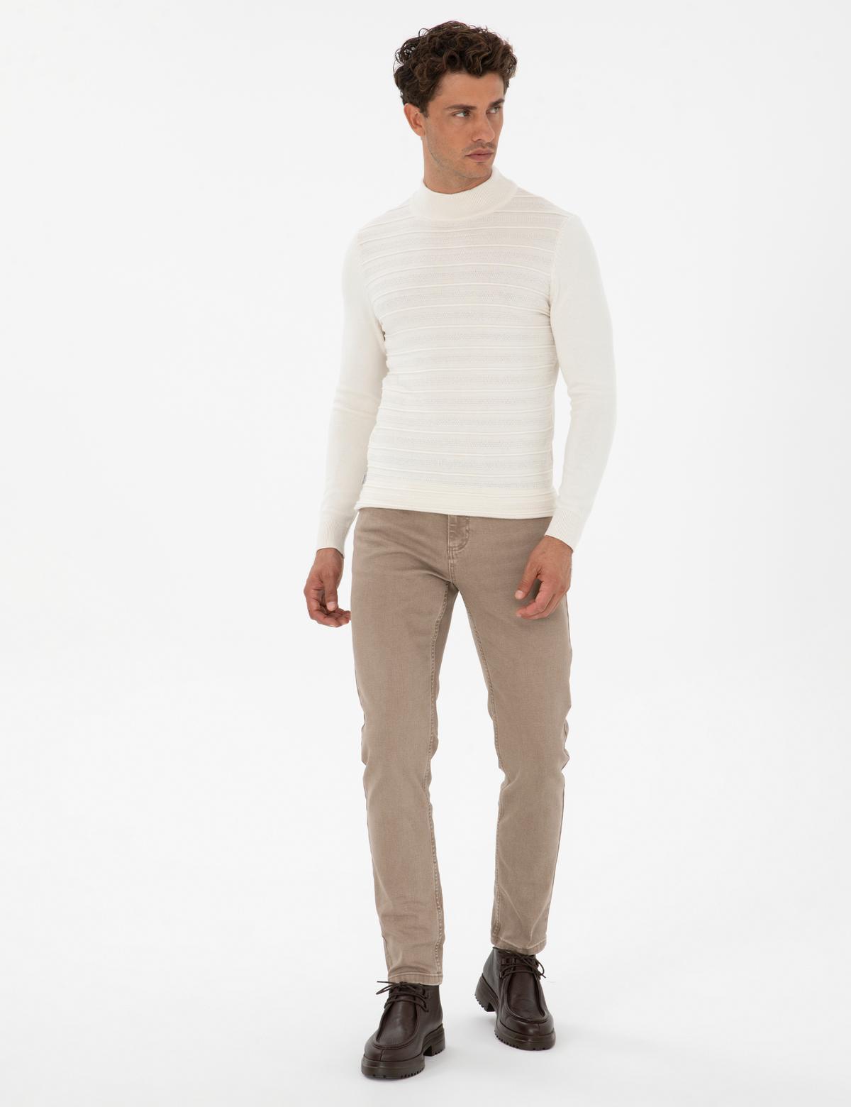 Ekru Slim Fit Çeyrek Yaka Triko Kazak - 50315751001