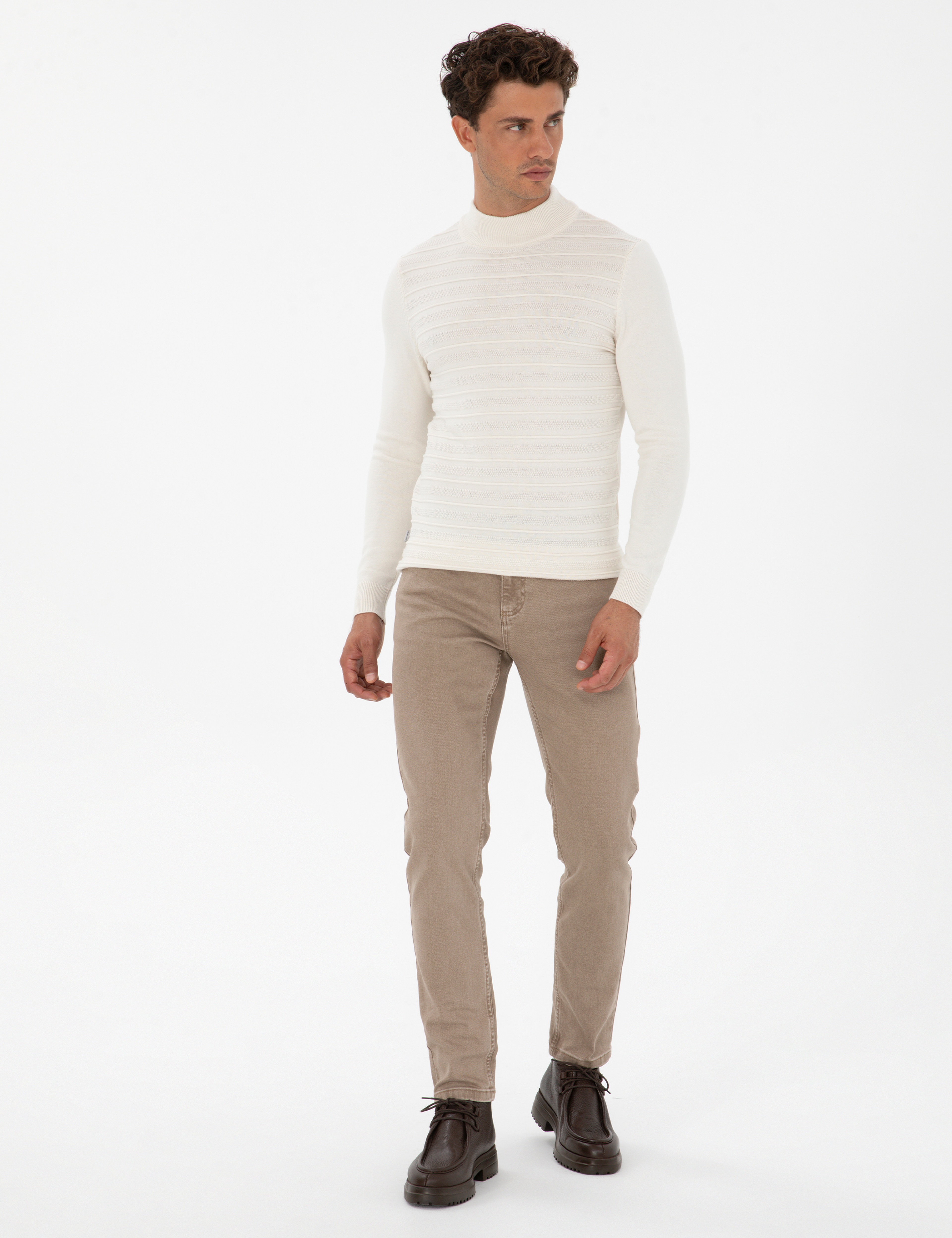 Ekru Slim Fit Çeyrek Yaka Triko Kazak - Image 4