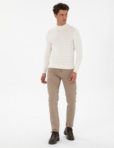 Ekru Slim Fit Çeyrek Yaka Triko Kazak - 50315751001