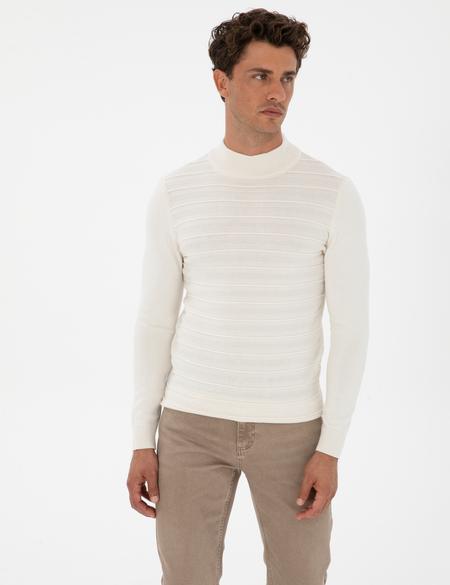 Ekru Slim Fit Çeyrek Yaka Triko Kazak - 50315751001