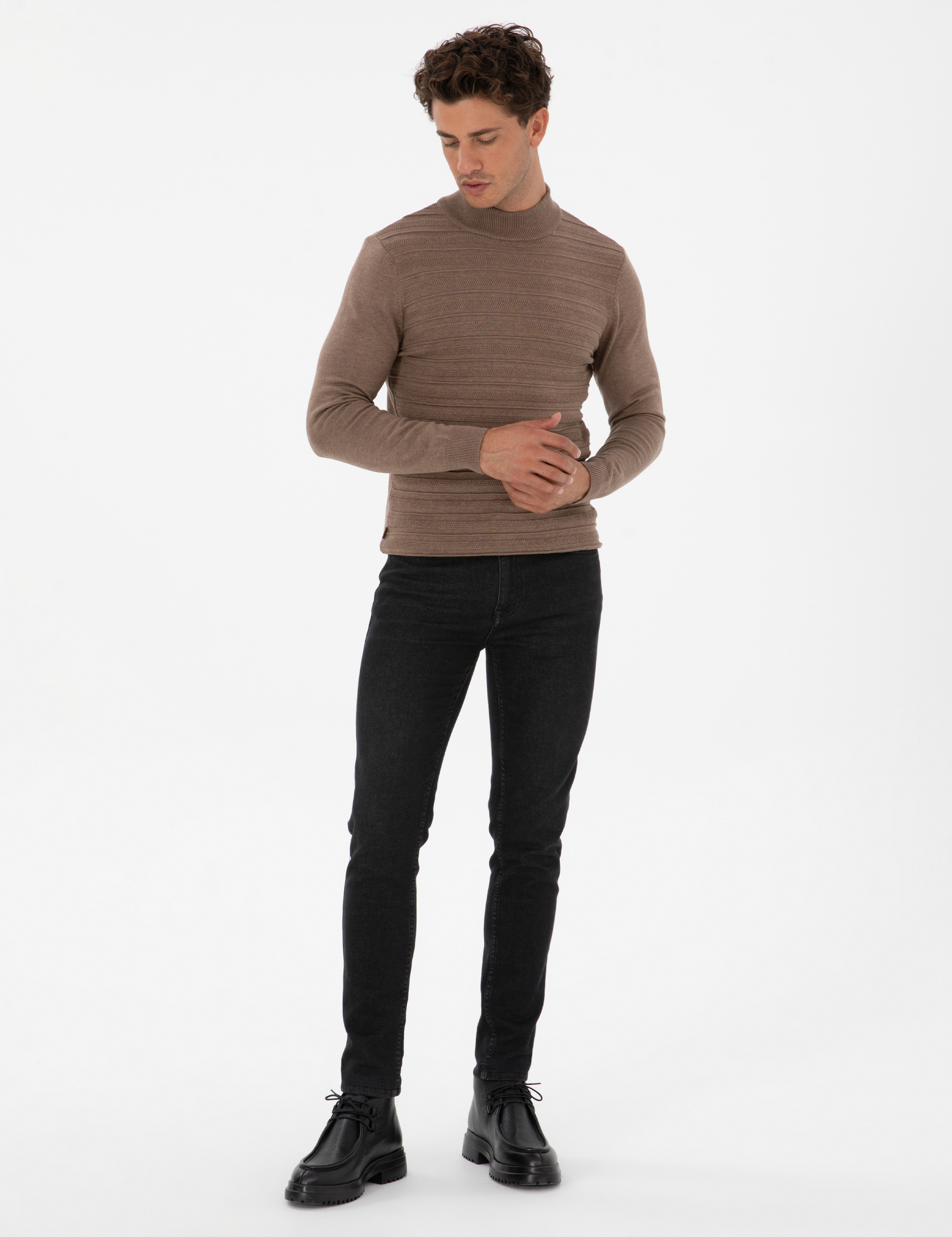 Vizon Melanj Slim Fit Çeyrek Yaka Triko Kazak - Image 4