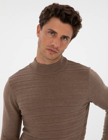 Vizon Melanj Slim Fit Çeyrek Yaka Triko Kazak