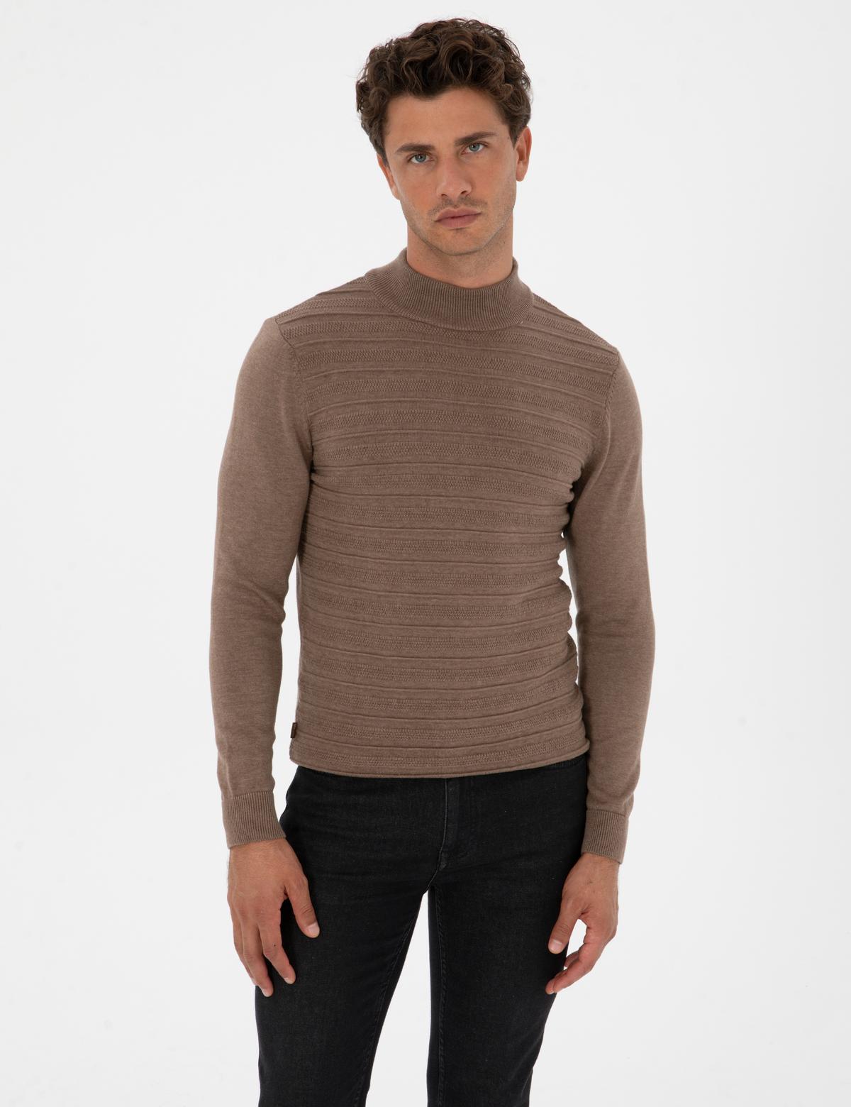 Vizon Melanj Slim Fit Çeyrek Yaka Triko Kazak - 50315751018