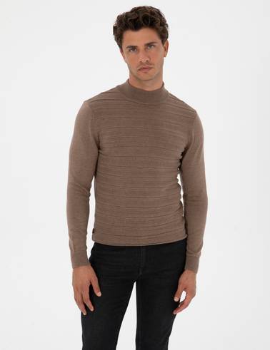 Vizon Melanj Slim Fit Çeyrek Yaka Triko Kazak