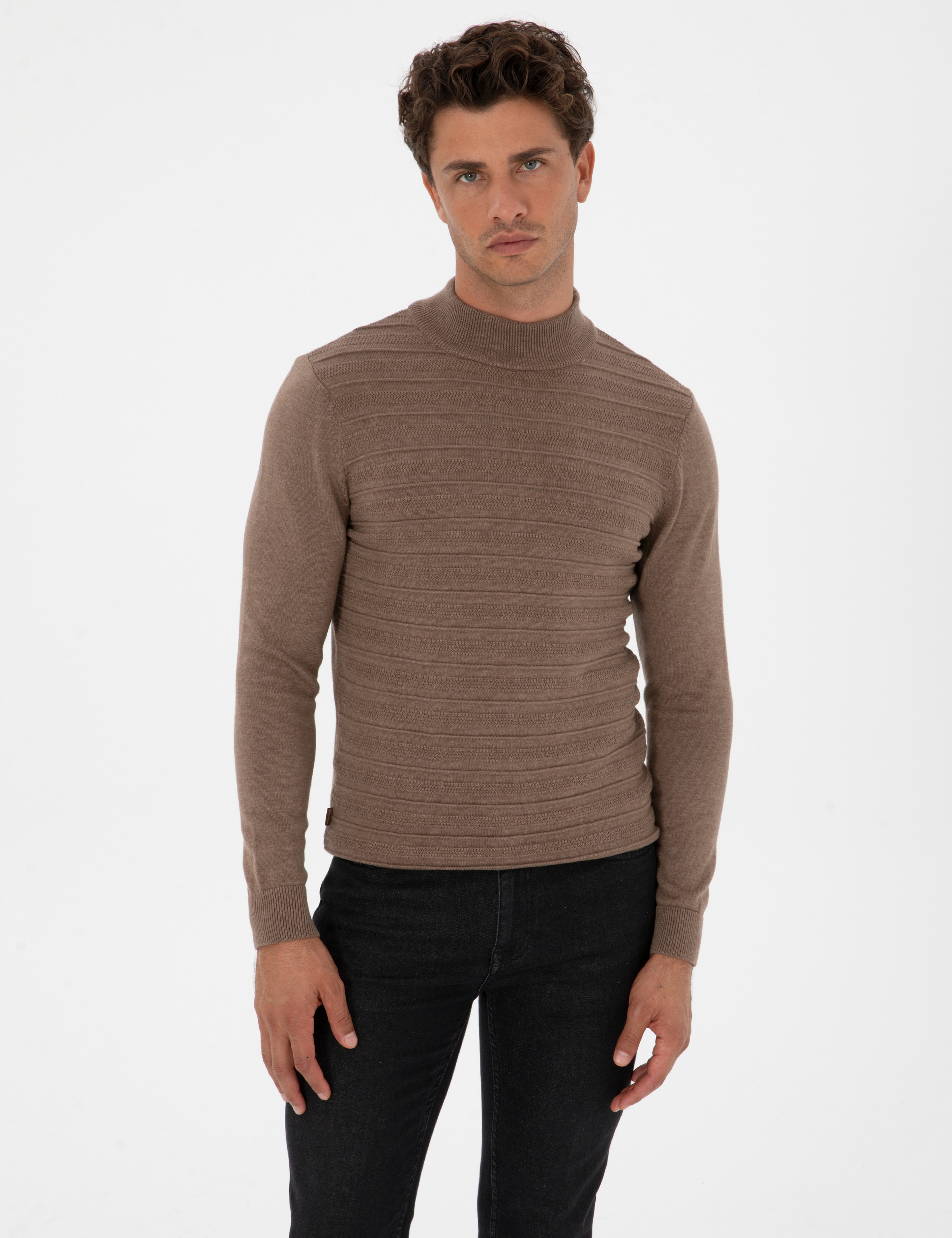 Vizon Melanj Slim Fit Çeyrek Yaka Triko Kazak - Image 3
