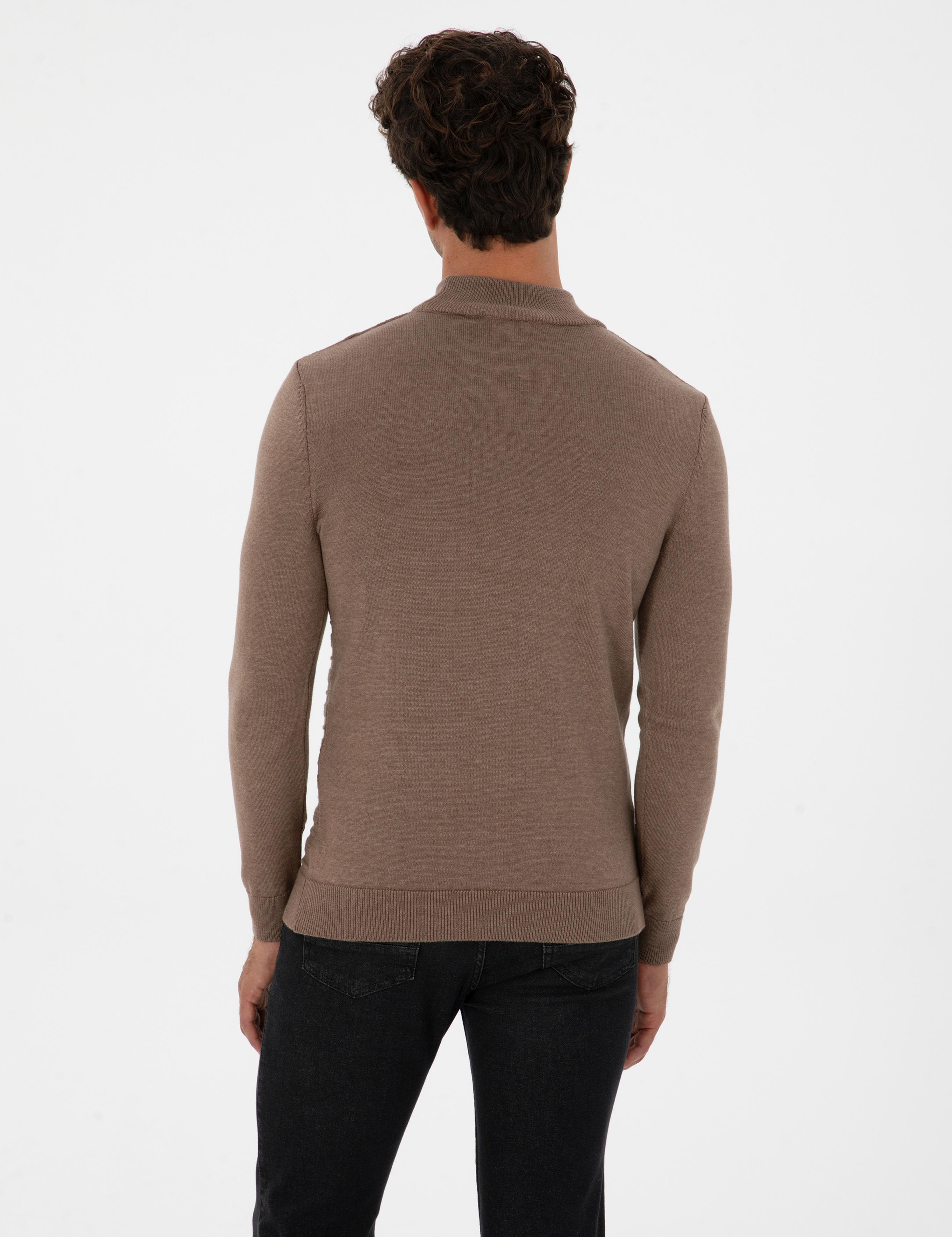 Vizon Melanj Slim Fit Çeyrek Yaka Triko Kazak