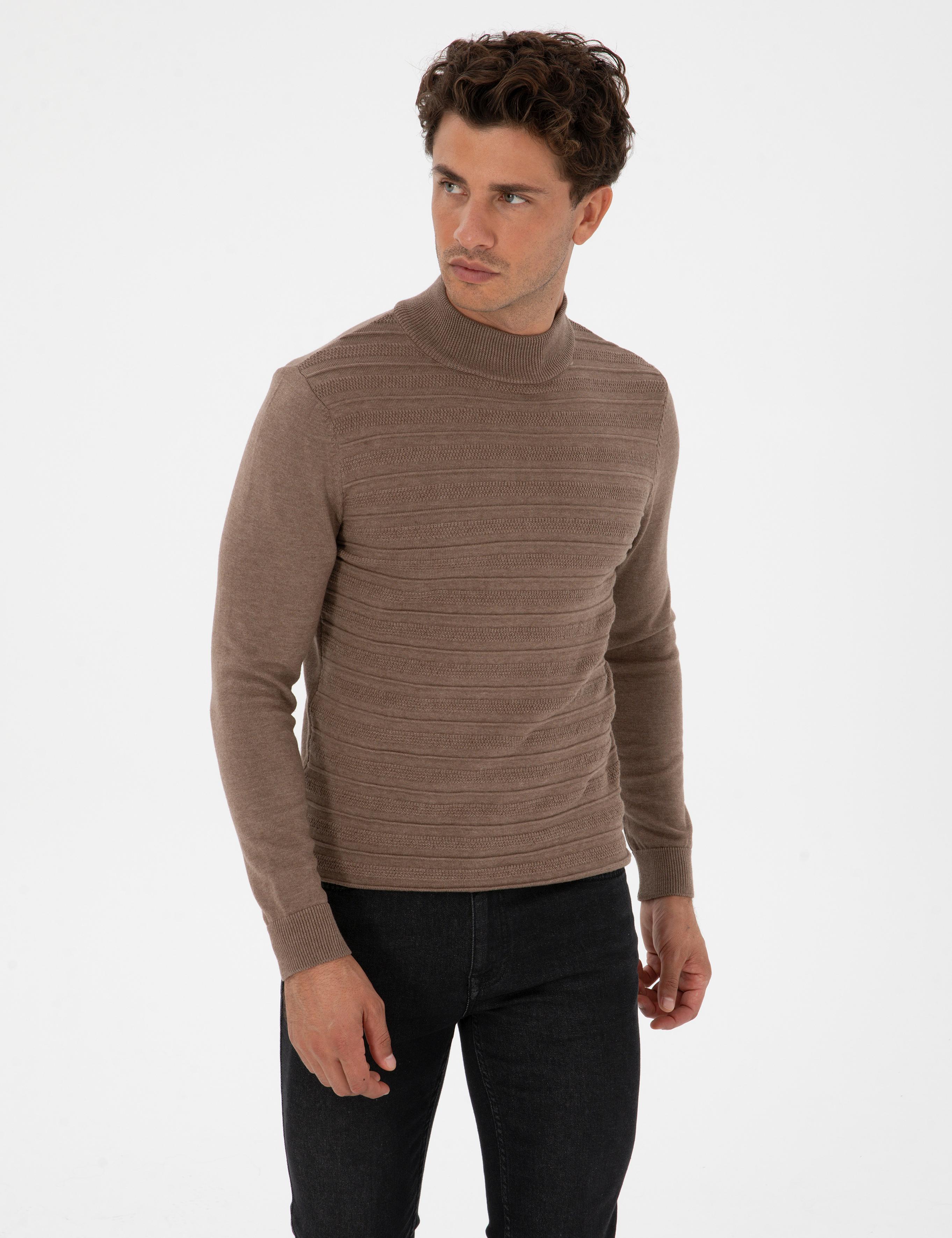 Vizon Melanj Slim Fit Çeyrek Yaka Triko Kazak