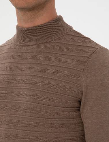 Vizon Melanj Slim Fit Çeyrek Yaka Triko Kazak