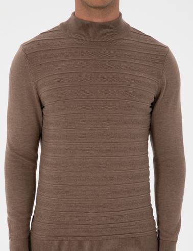 Vizon Melanj Slim Fit Çeyrek Yaka Triko Kazak