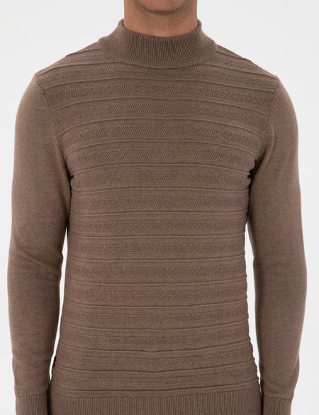 Vizon Melanj Slim Fit Çeyrek Yaka Triko Kazak - 50315751018