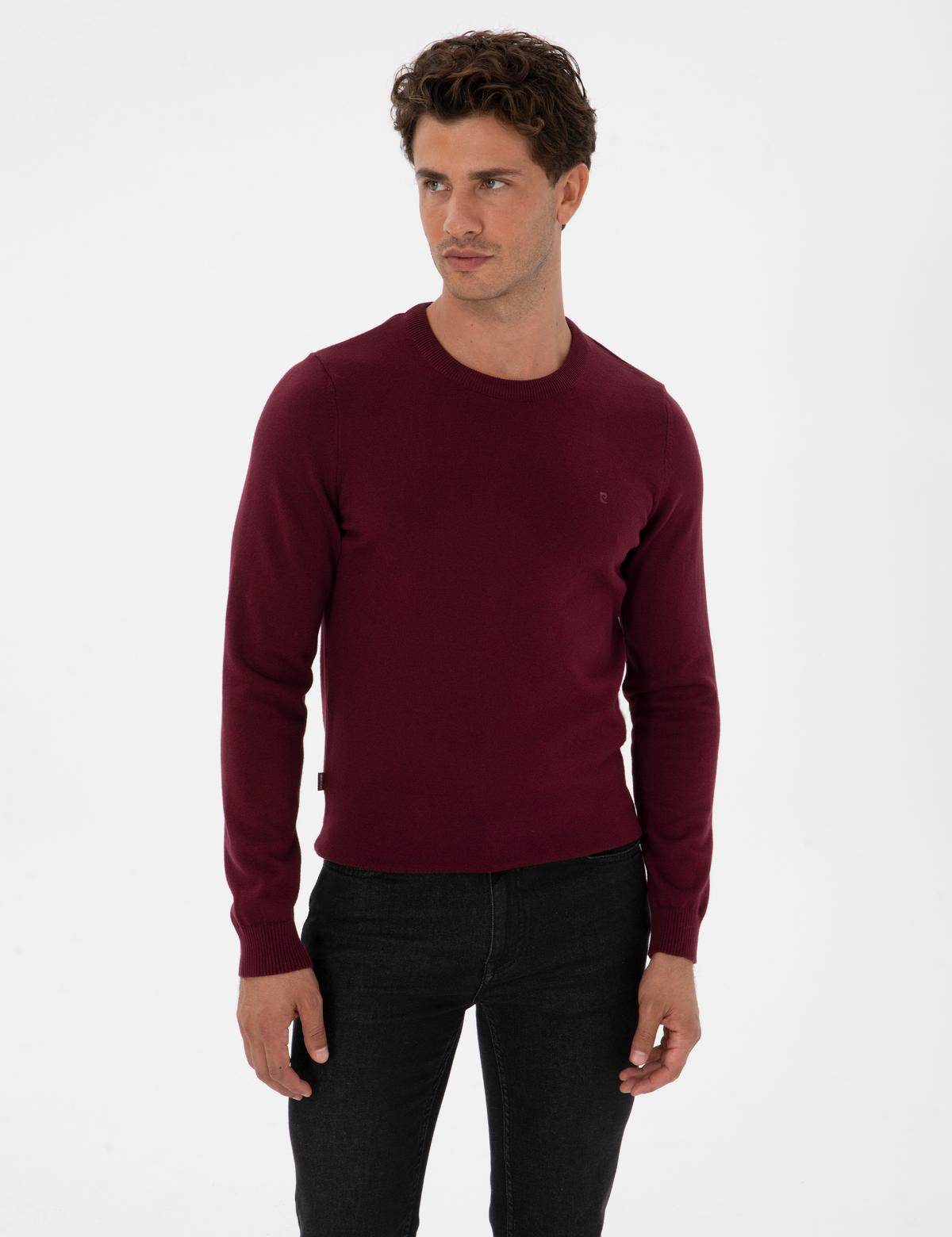 Bordo Slim Fit Bisiklet Yaka Basic Triko Kazak