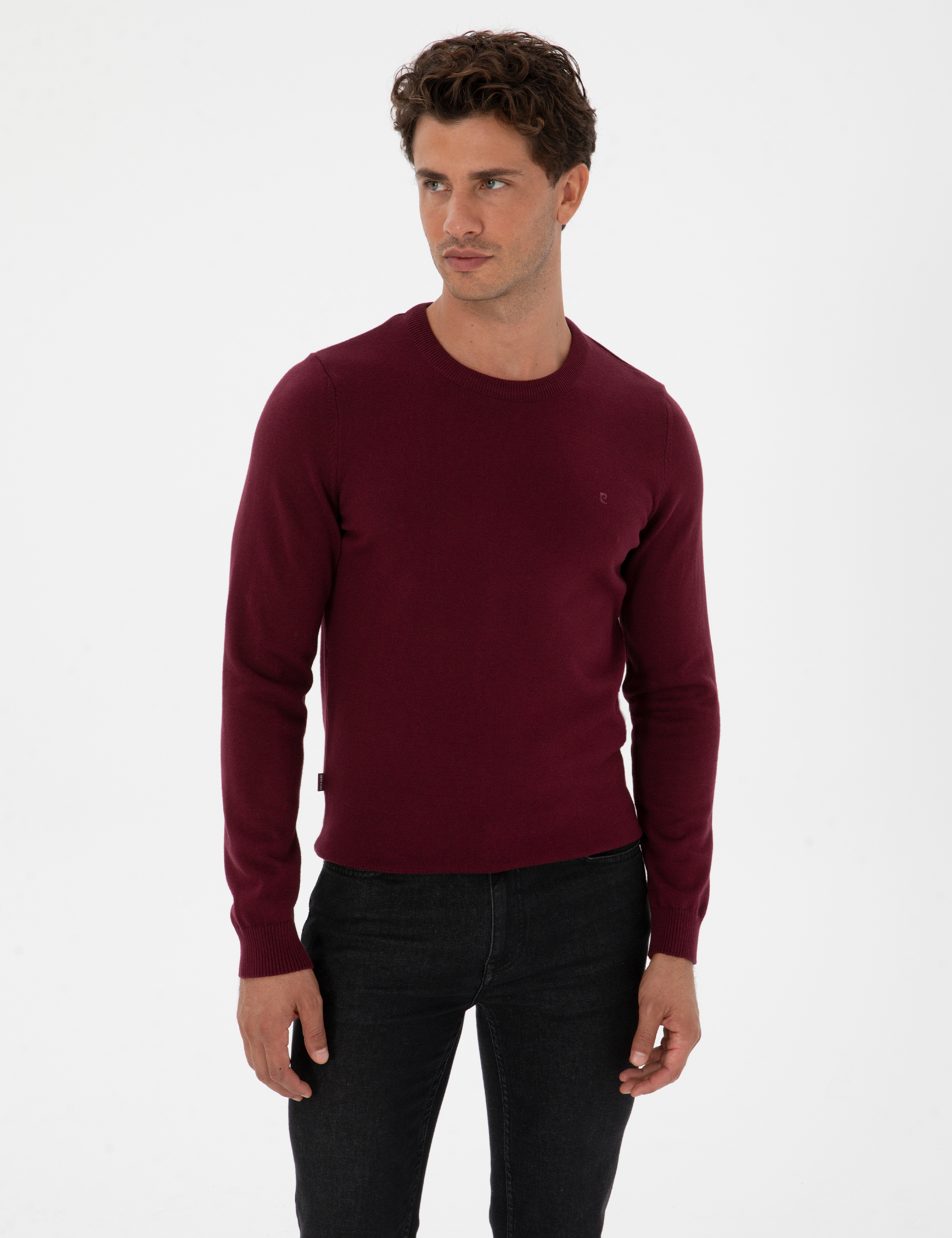 Bordo Slim Fit Bisiklet Yaka Basic Triko Kazak - Image 1
