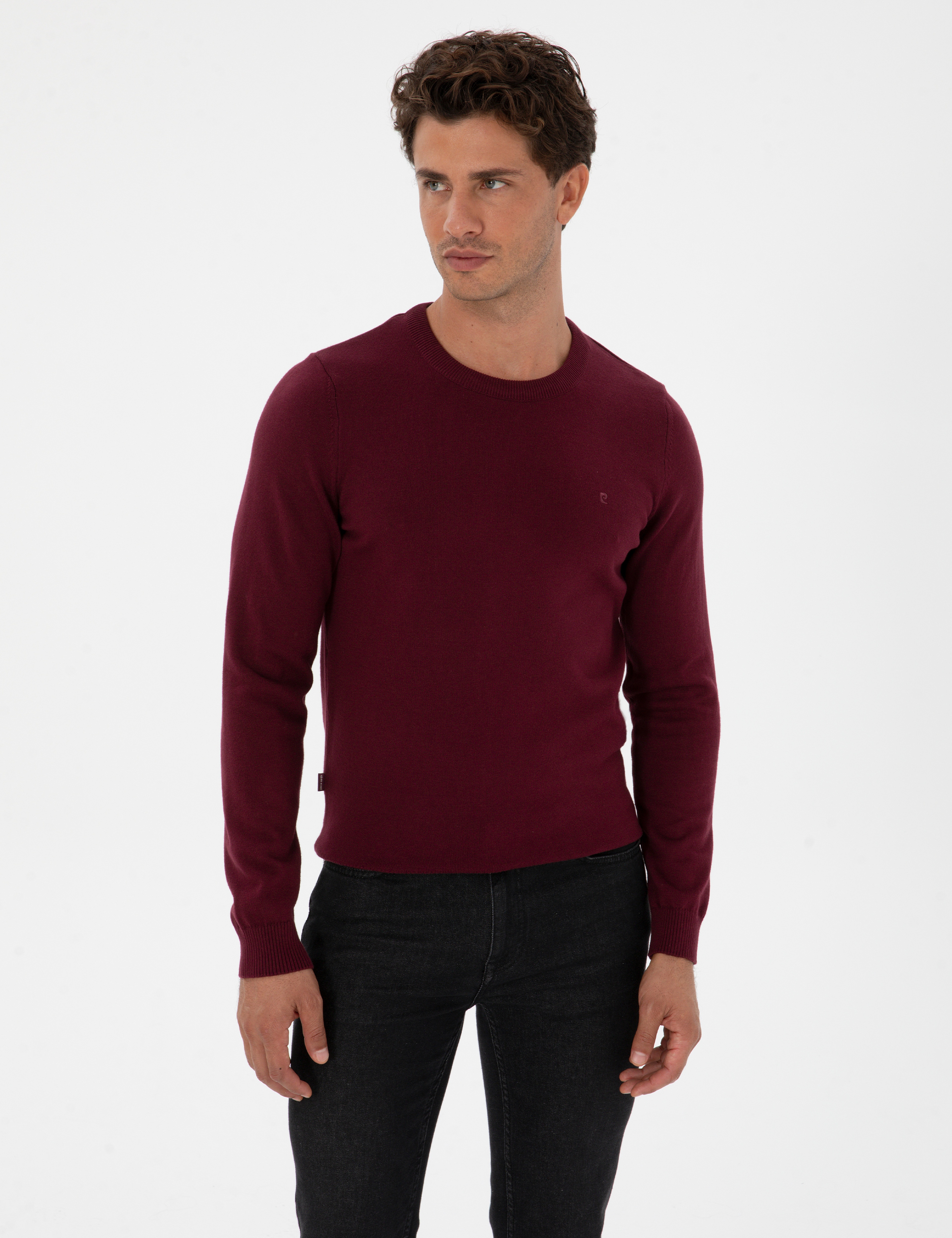 Bordo Slim Fit Bisiklet Yaka Basic Triko Kazak