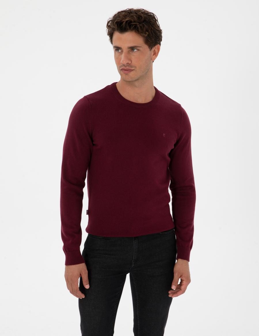 Bordo Slim Fit Bisiklet Yaka Basic Triko Kazak