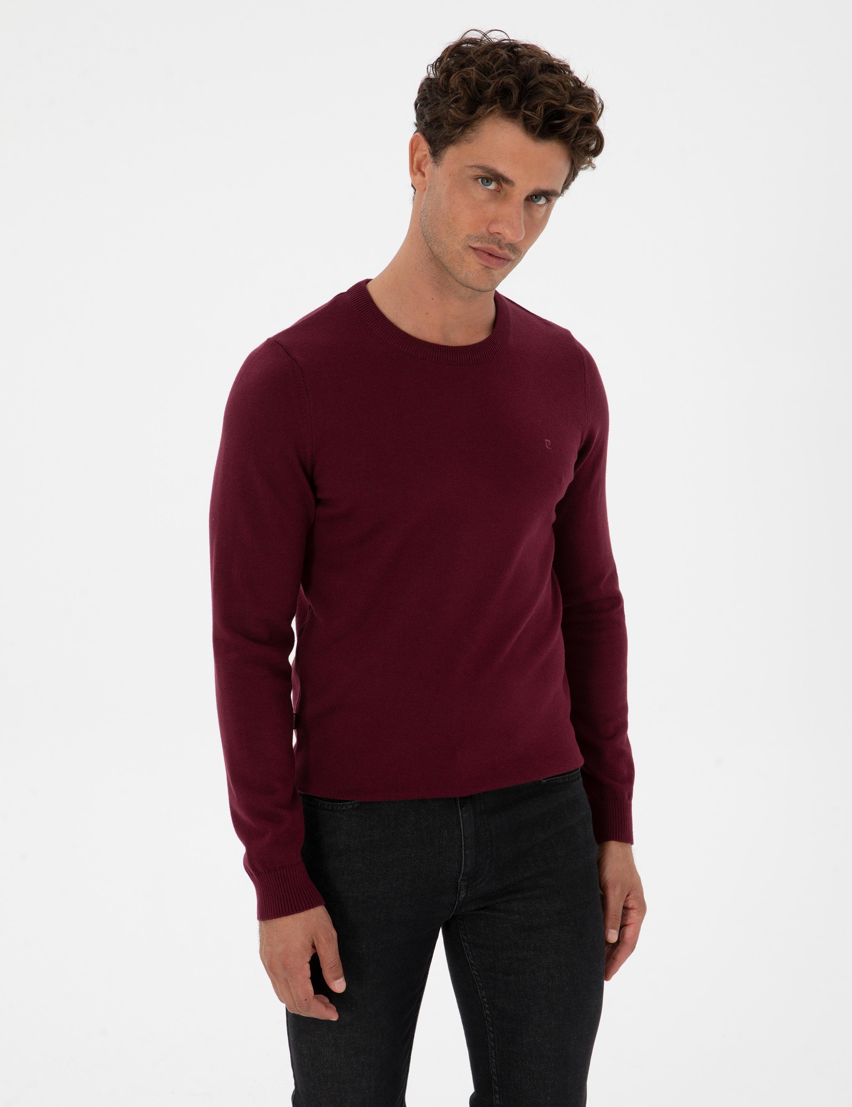 Bordo Slim Fit Bisiklet Yaka Basic Triko Kazak