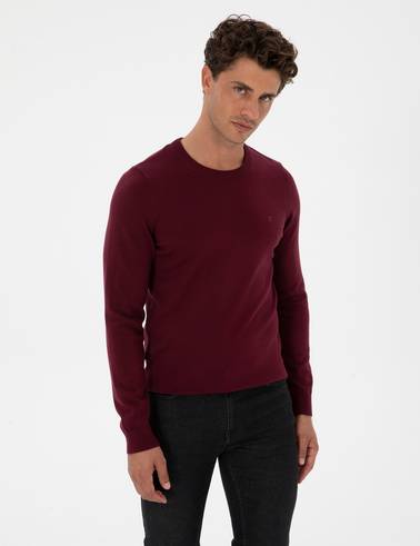 Bordo Slim Fit Bisiklet Yaka Basic Triko Kazak