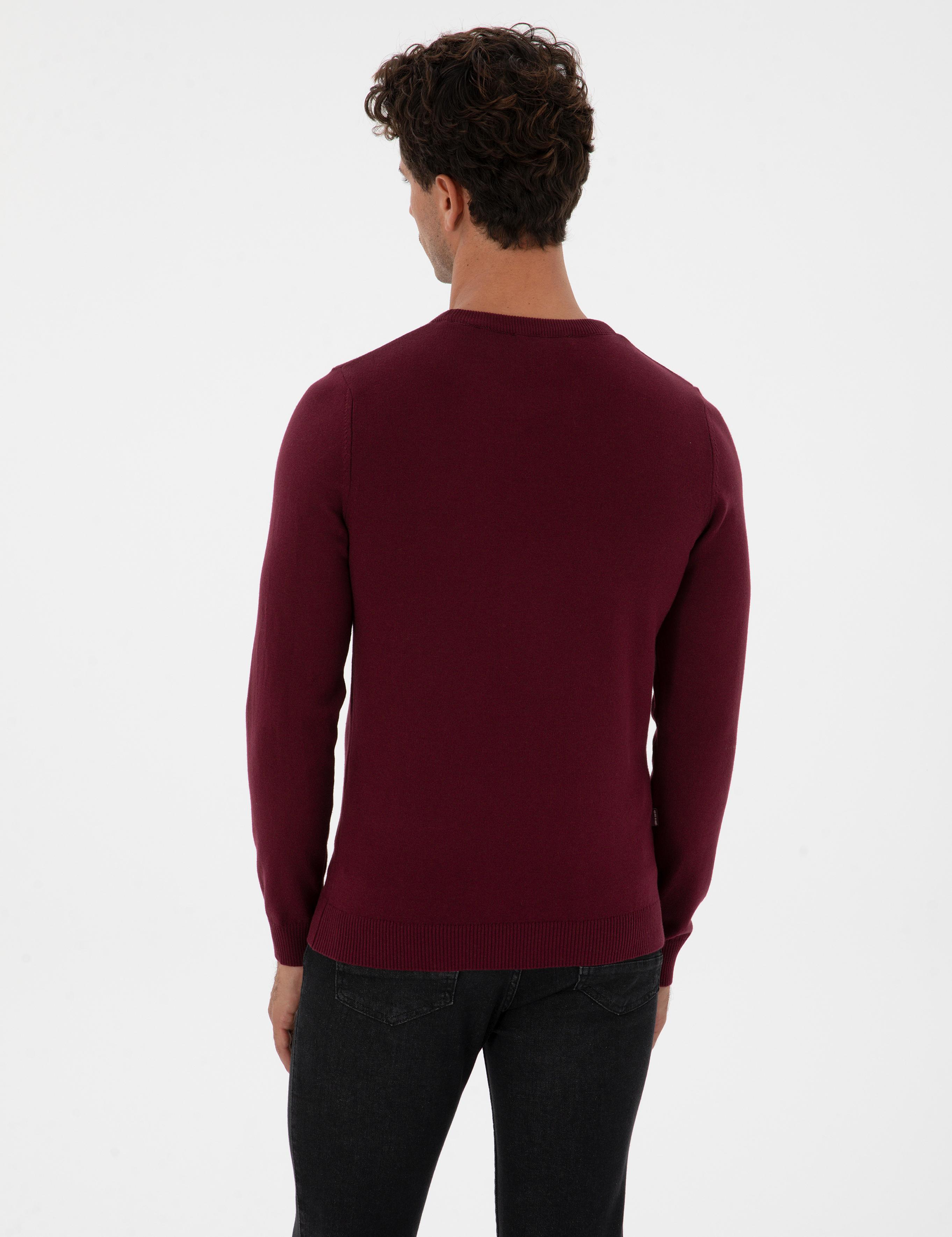 Bordo Slim Fit Bisiklet Yaka Basic Triko Kazak