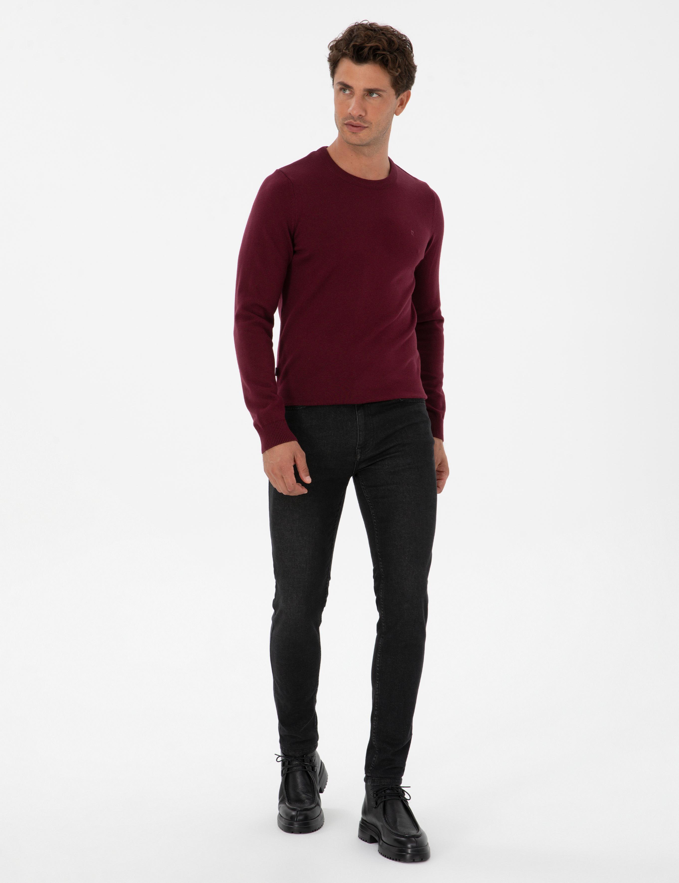 Bordo Slim Fit Bisiklet Yaka Basic Triko Kazak
