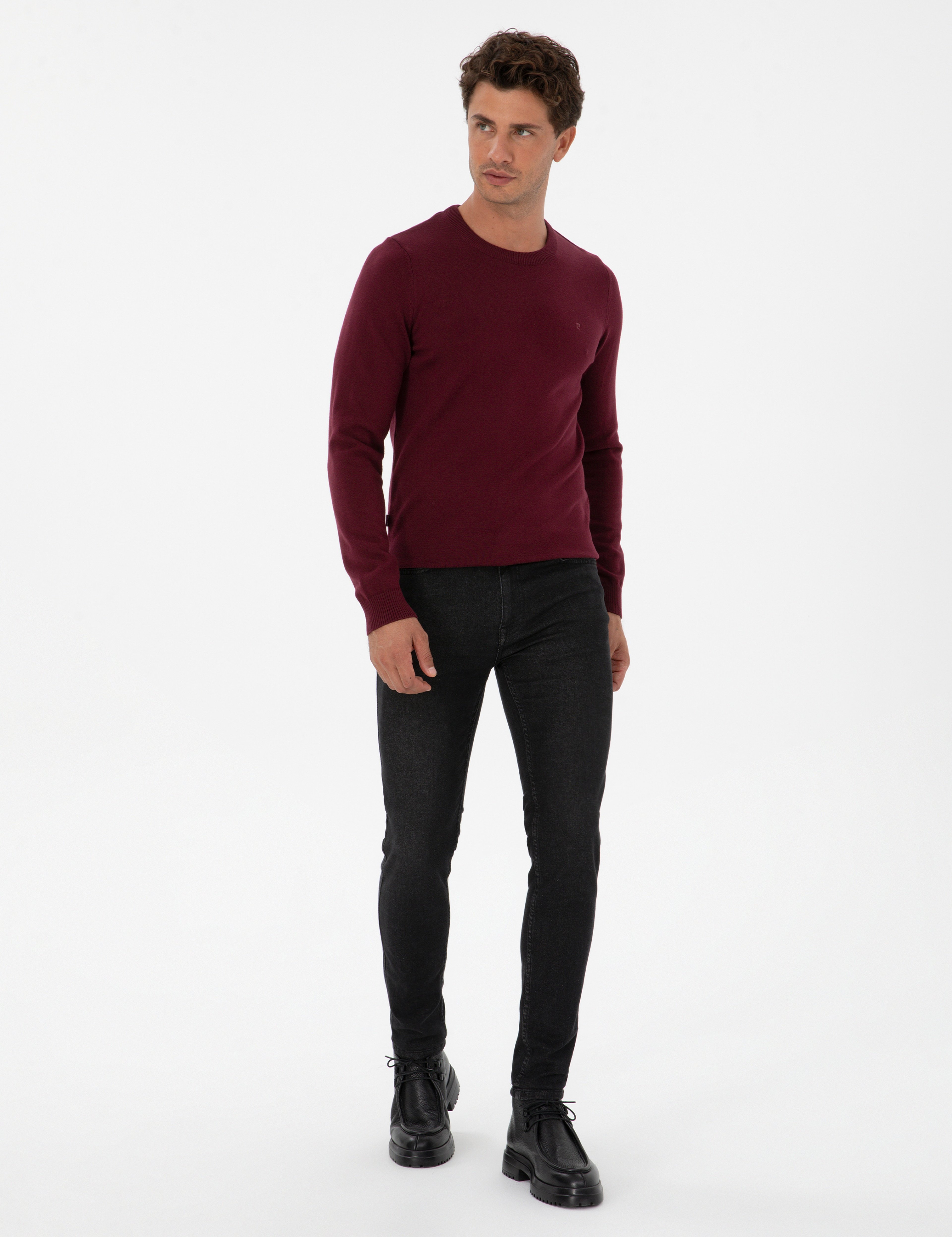 Bordo Slim Fit Bisiklet Yaka Basic Triko Kazak - Image 4