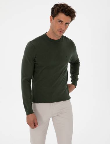 Koyu Haki Slim Fit Çeyrek Yaka Basic Triko Kazak