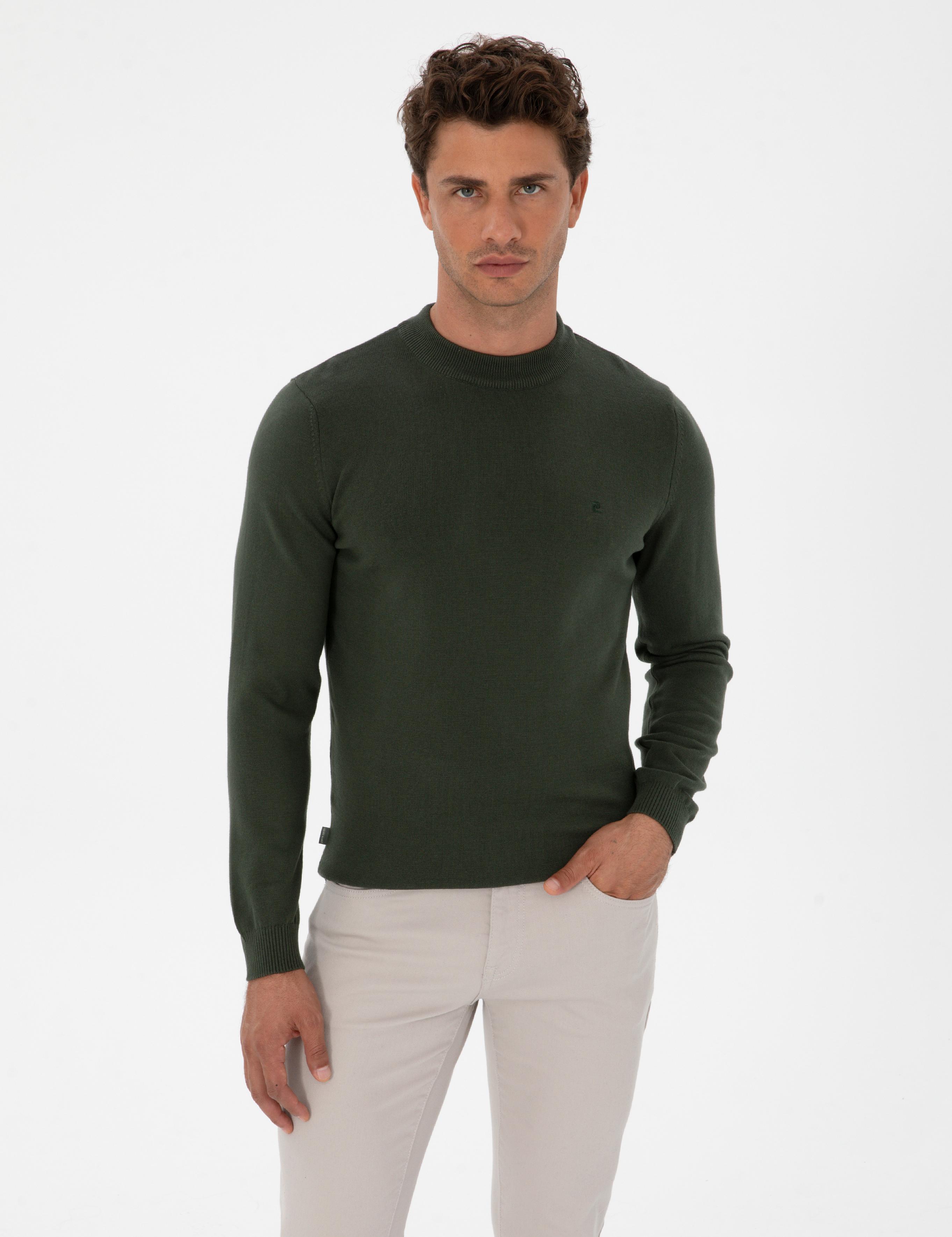 Koyu Haki Slim Fit Çeyrek Yaka Basic Triko Kazak