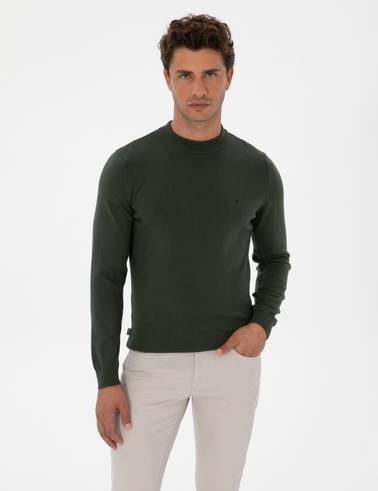 Koyu Haki Slim Fit Çeyrek Yaka Basic Triko Kazak