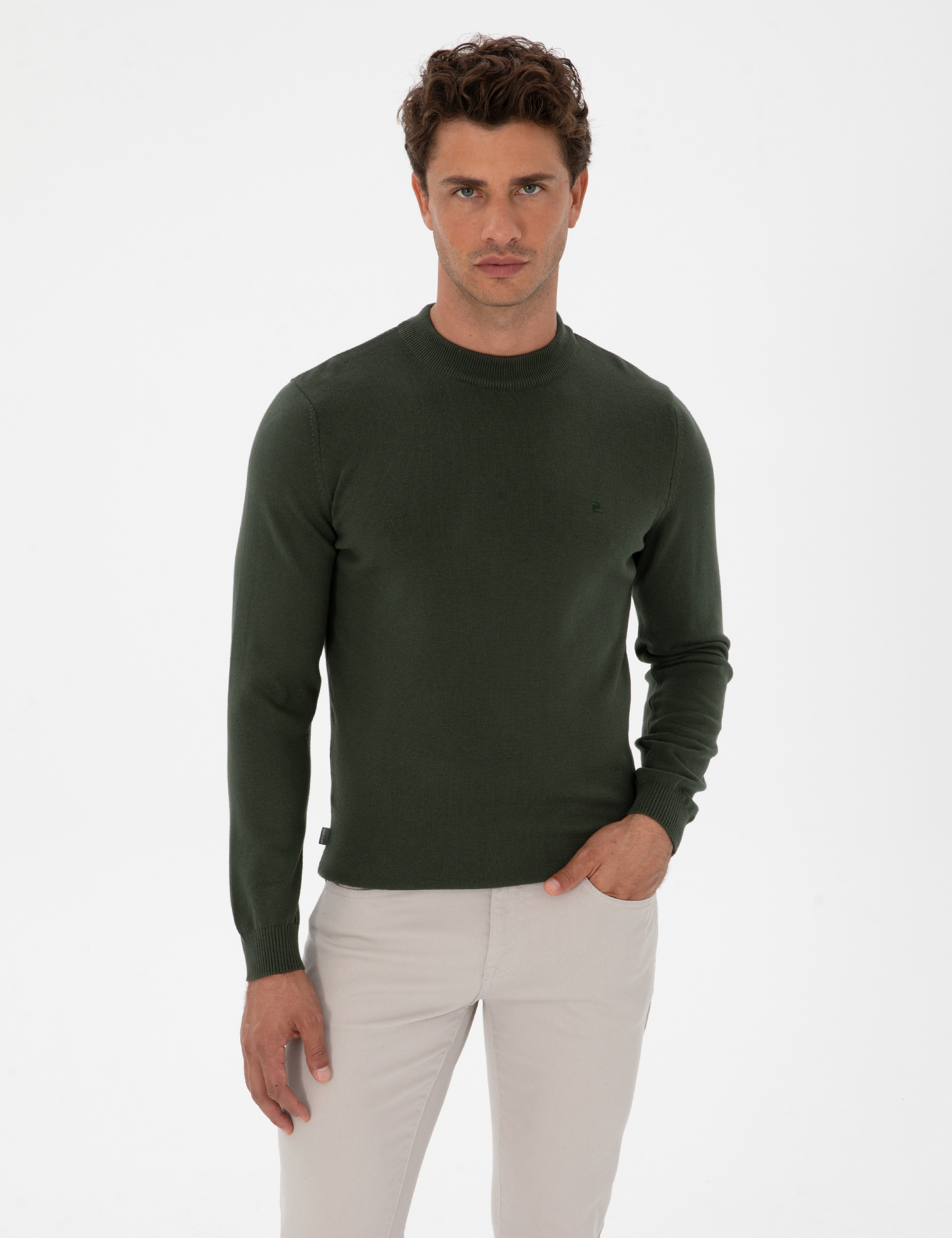 Koyu Haki Slim Fit Çeyrek Yaka Basic Triko Kazak - Image 1