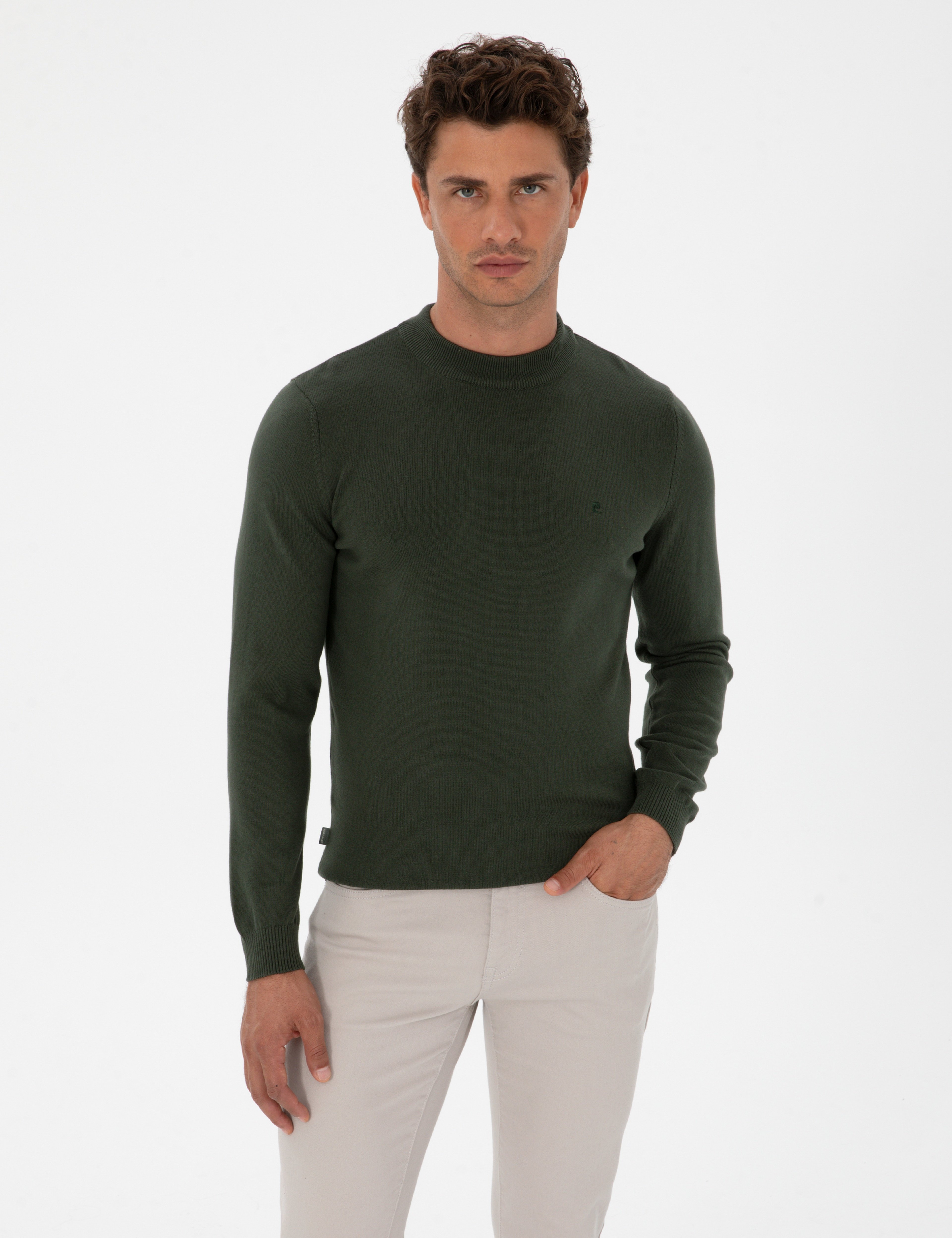 Koyu Haki Slim Fit Çeyrek Yaka Basic Triko Kazak