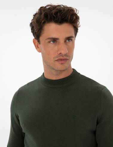 Koyu Haki Slim Fit Çeyrek Yaka Basic Triko Kazak