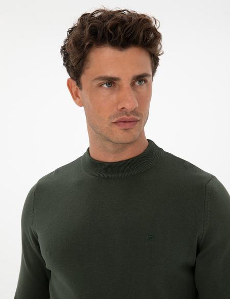 Koyu Haki Slim Fit Çeyrek Yaka Basic Triko Kazak - 50315456047