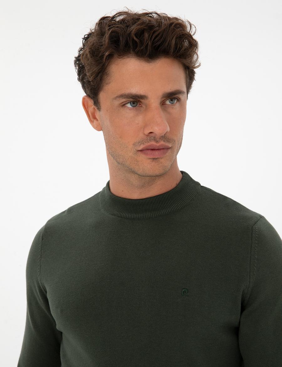 Koyu Haki Slim Fit Çeyrek Yaka Basic Triko Kazak