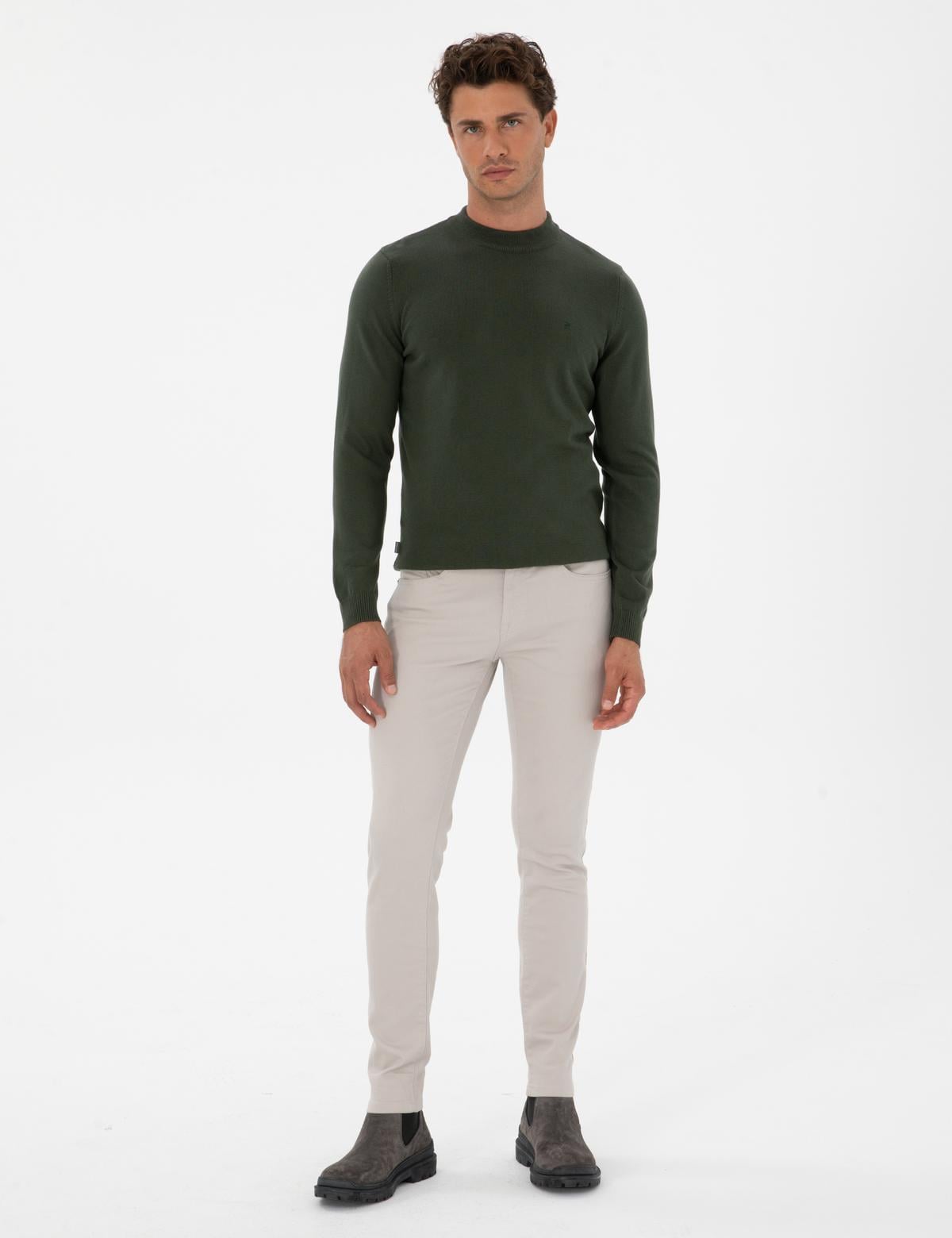 Koyu Haki Slim Fit Çeyrek Yaka Basic Triko Kazak - 50315456047