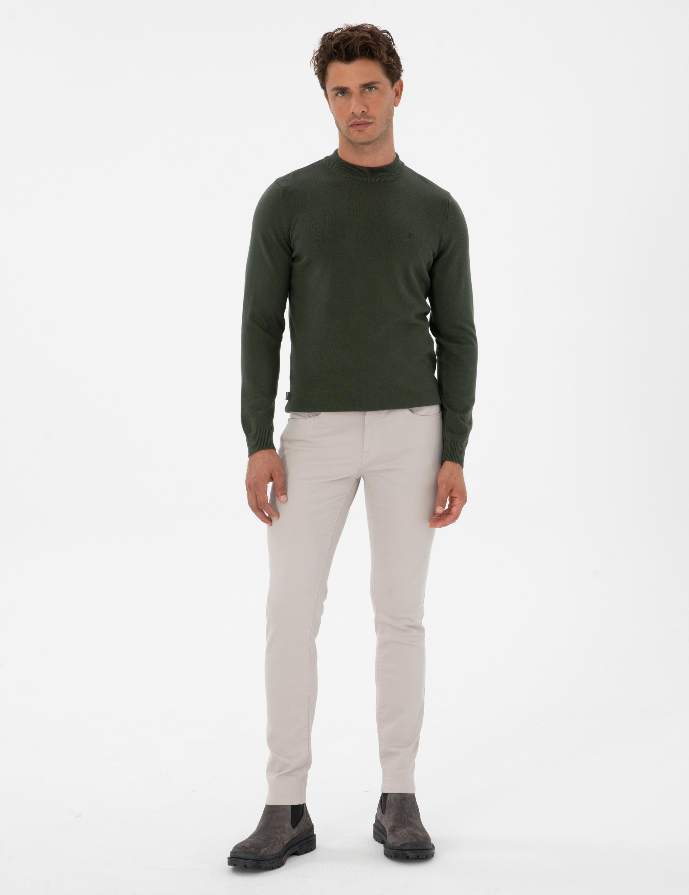 Koyu Haki Slim Fit Çeyrek Yaka Basic Triko Kazak