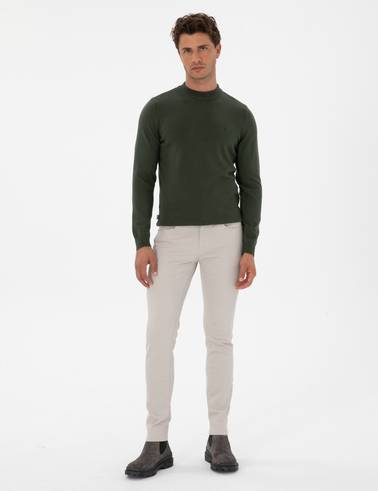 Koyu Haki Slim Fit Çeyrek Yaka Basic Triko Kazak