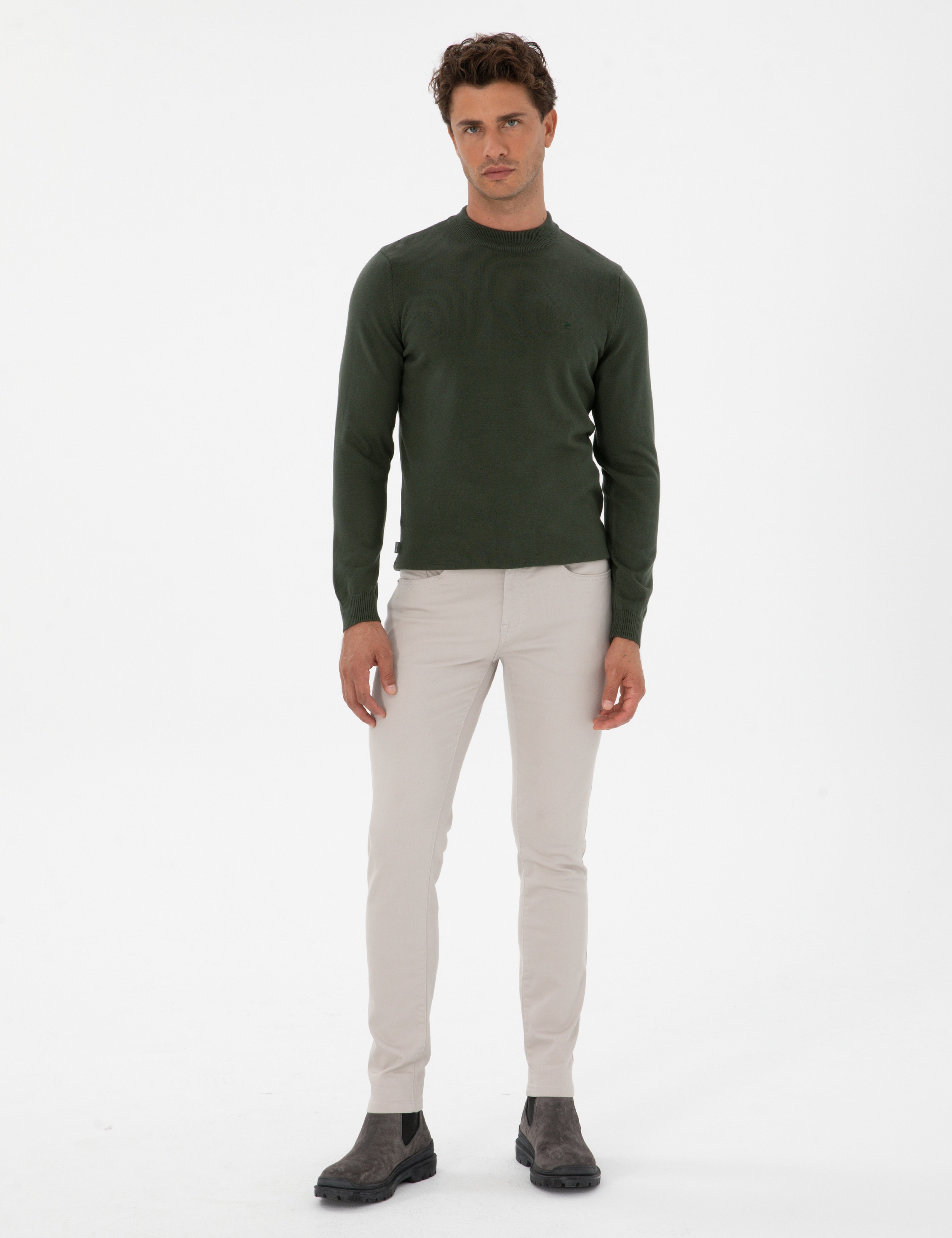 Koyu Haki Slim Fit Çeyrek Yaka Basic Triko Kazak - Image 4