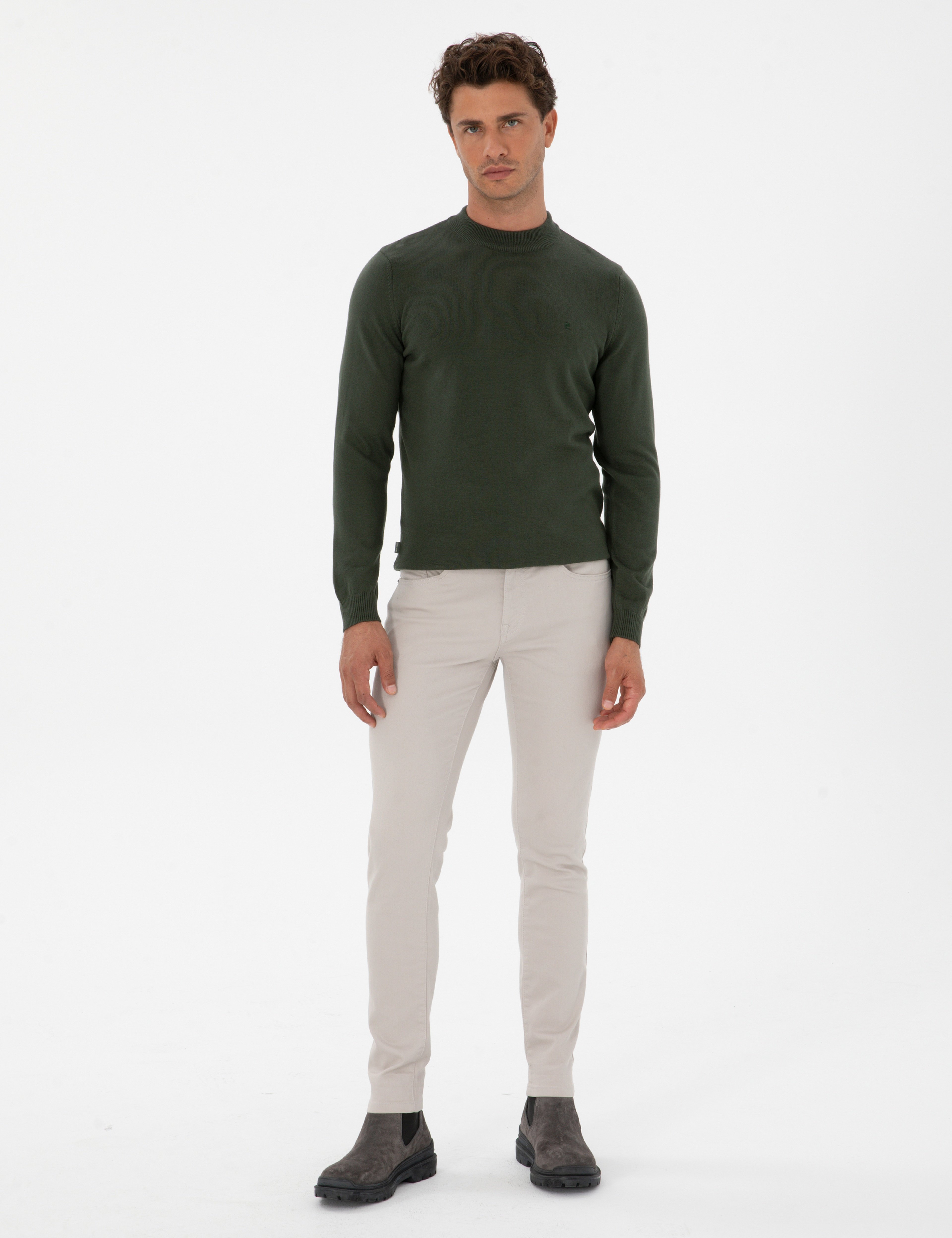 Koyu Haki Slim Fit Çeyrek Yaka Basic Triko Kazak