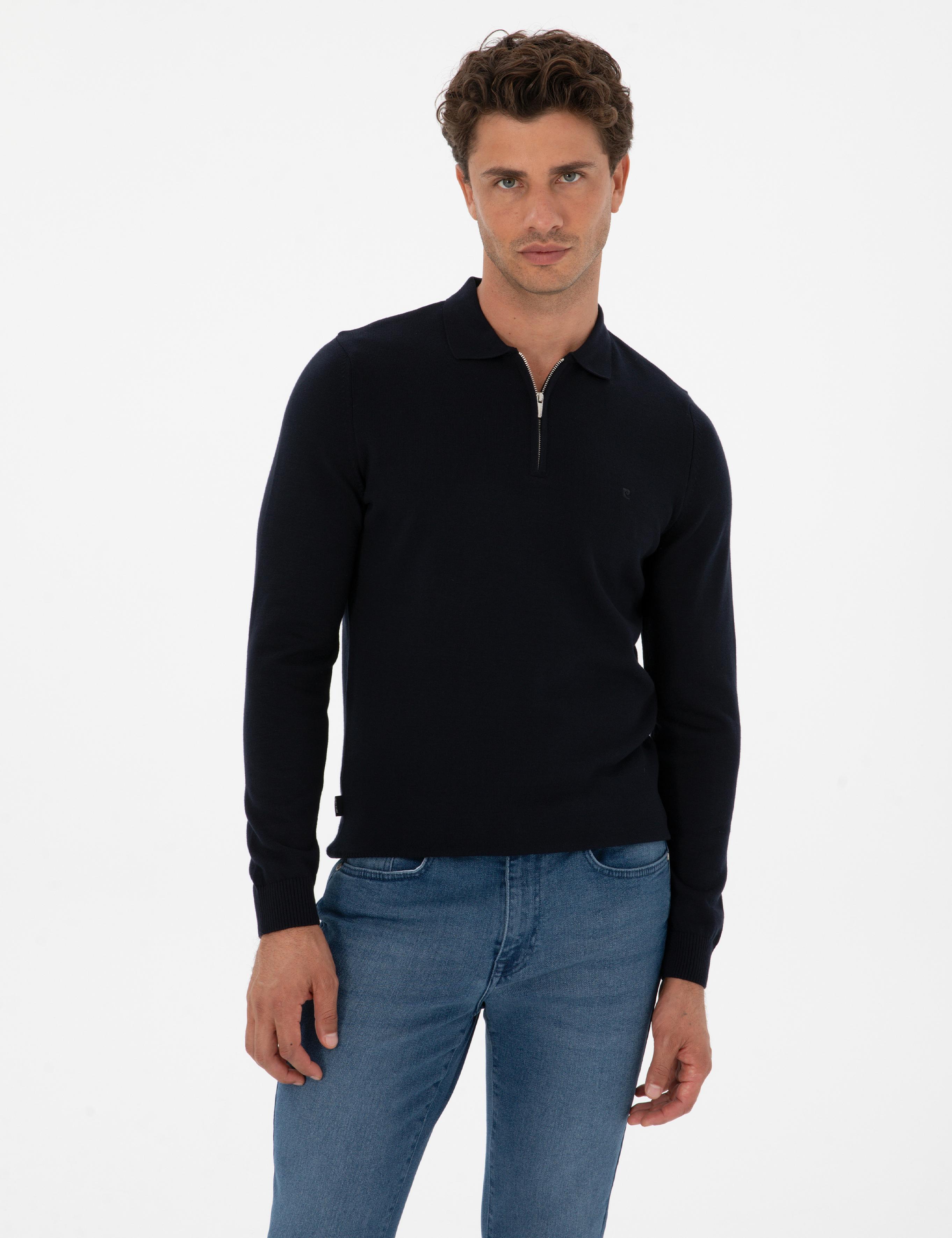 Lacivert Slim Fit Polo Yaka Fermuarlı Basic Triko Kazak