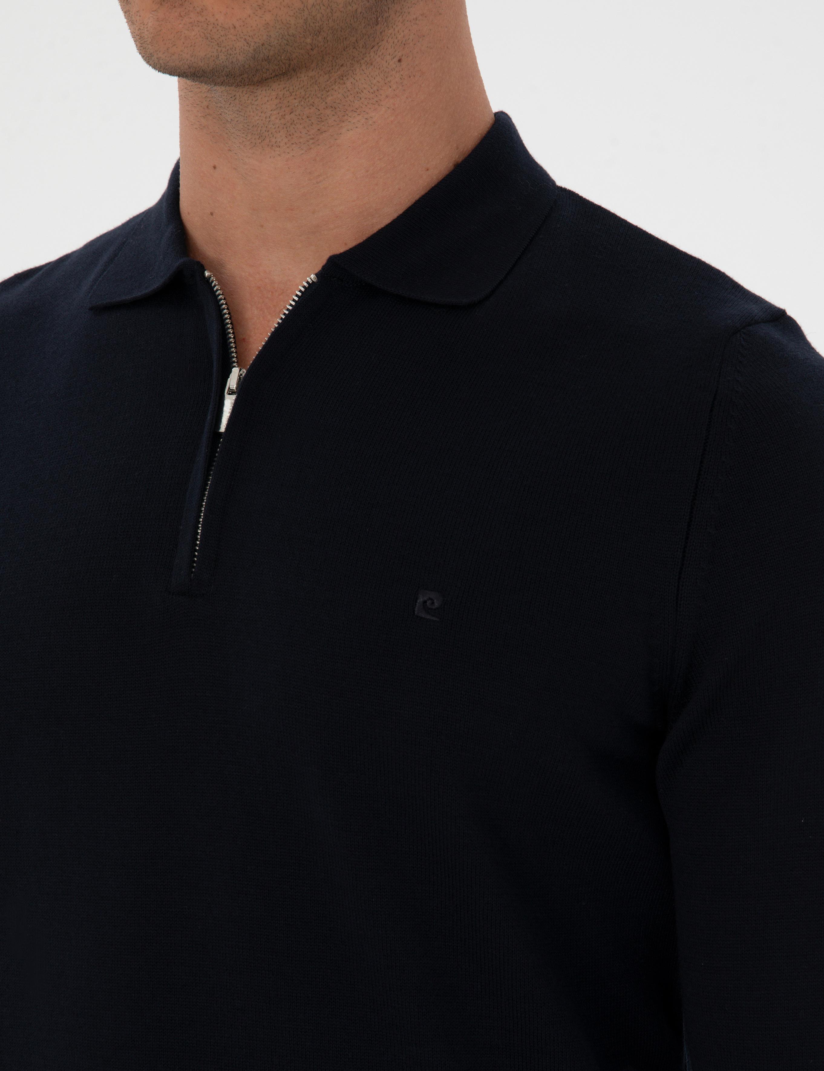 Lacivert Slim Fit Polo Yaka Fermuarlı Basic Triko Kazak