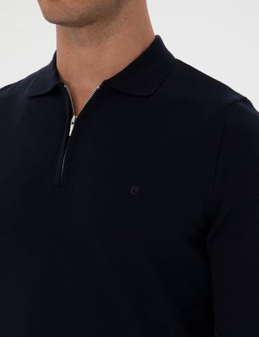 Lacivert Slim Fit Polo Yaka Fermuarlı Basic Triko Kazak