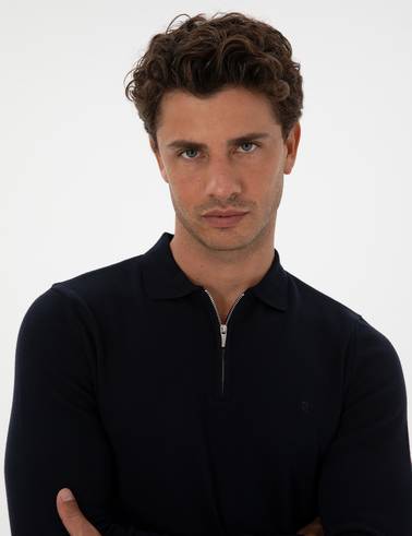 Lacivert Slim Fit Polo Yaka Fermuarlı Basic Triko Kazak