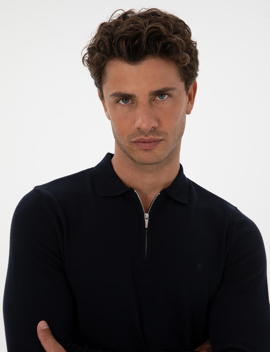 Lacivert Slim Fit Polo Yaka Fermuarlı Basic Triko Kazak